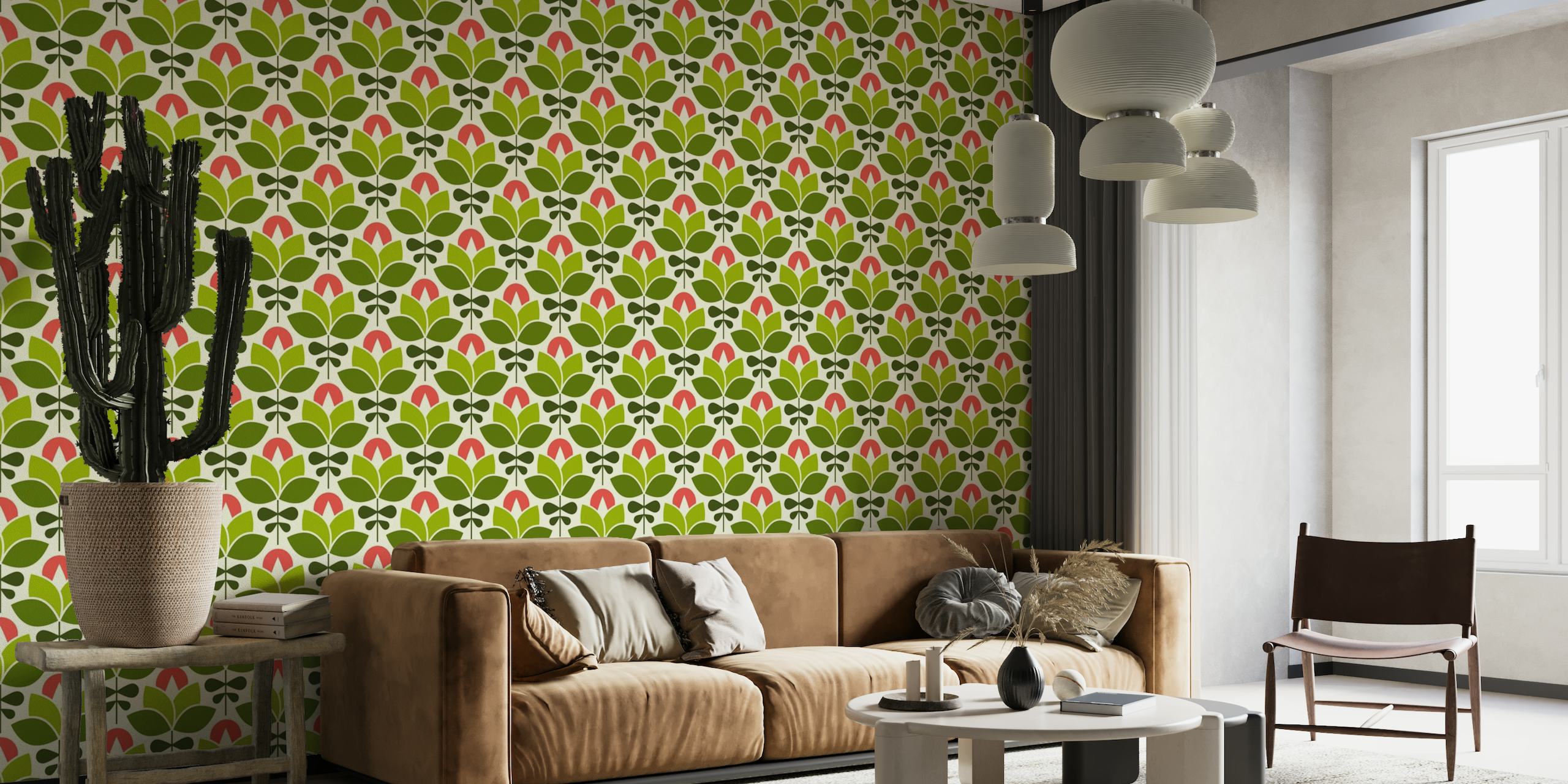 Modern Retro Flowers Wall Mural with Green and Red Design