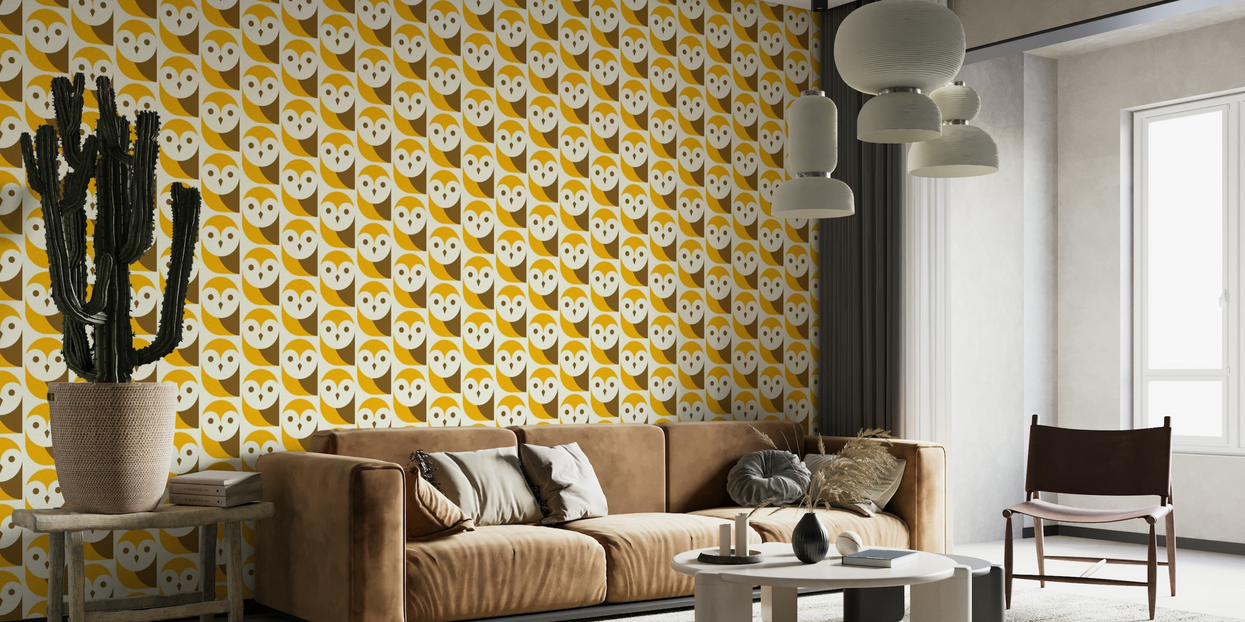 Wall mural with modern retro owls in yellow and brown