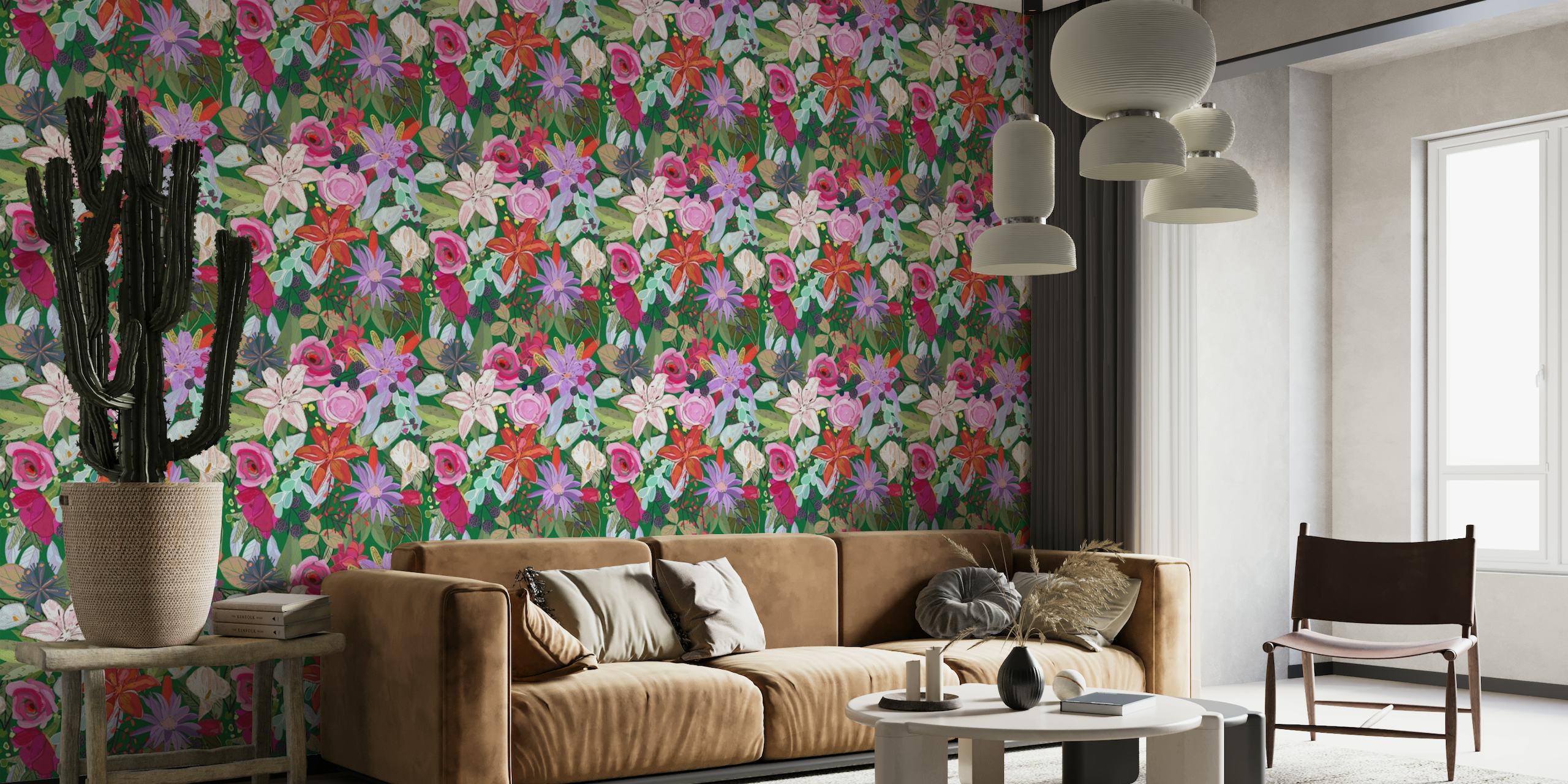 Lily and colorful flowers pattern wallpaper