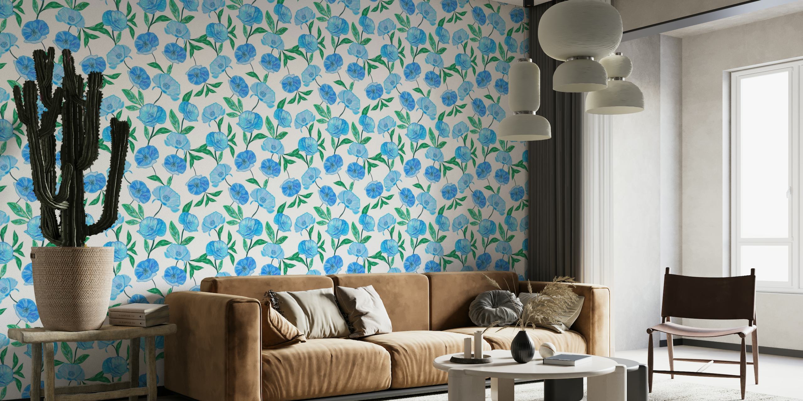Blue poppies pattern wallpaper