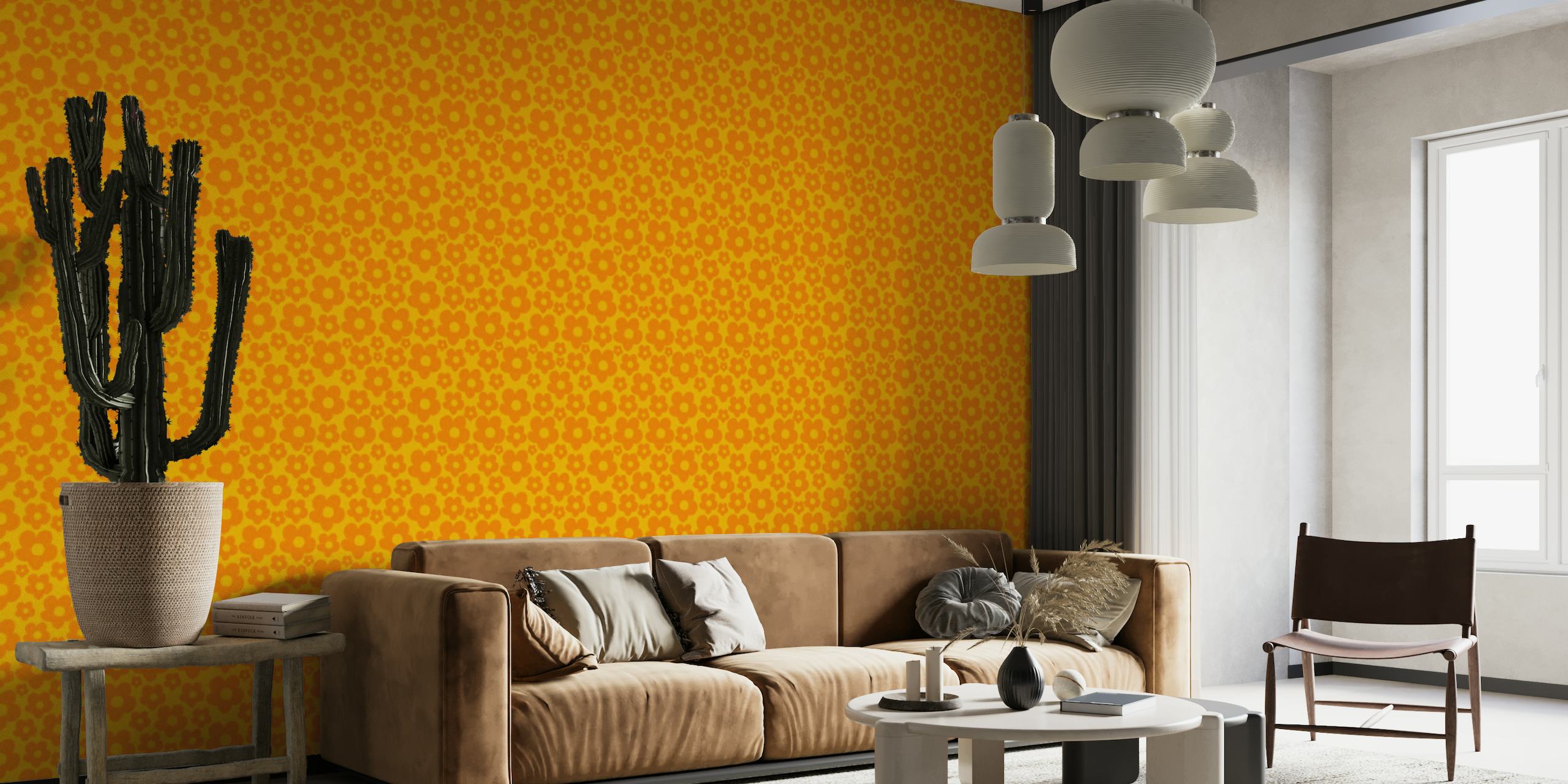 Orange Yellow Retro Daisies Pattern 1 papel de parede