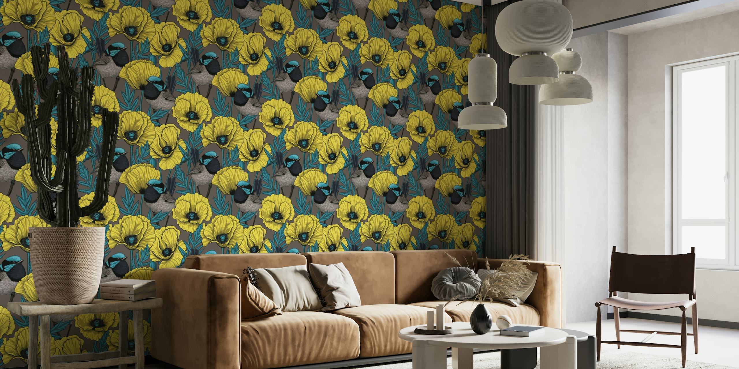Fairy wrens and yellow poppies on brown wallpaper