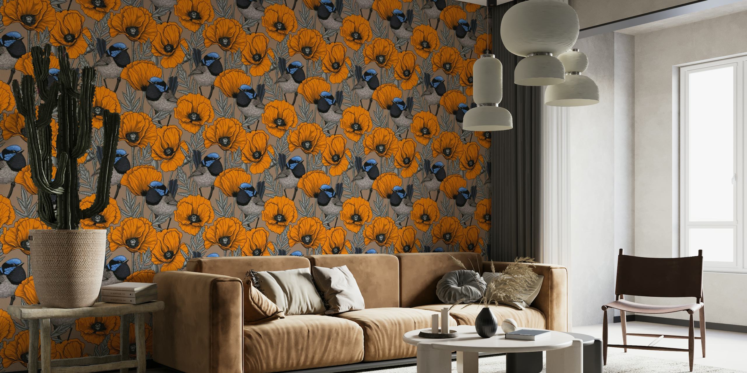 Fairy wrens and orange poppies on mocha brown wallpaper