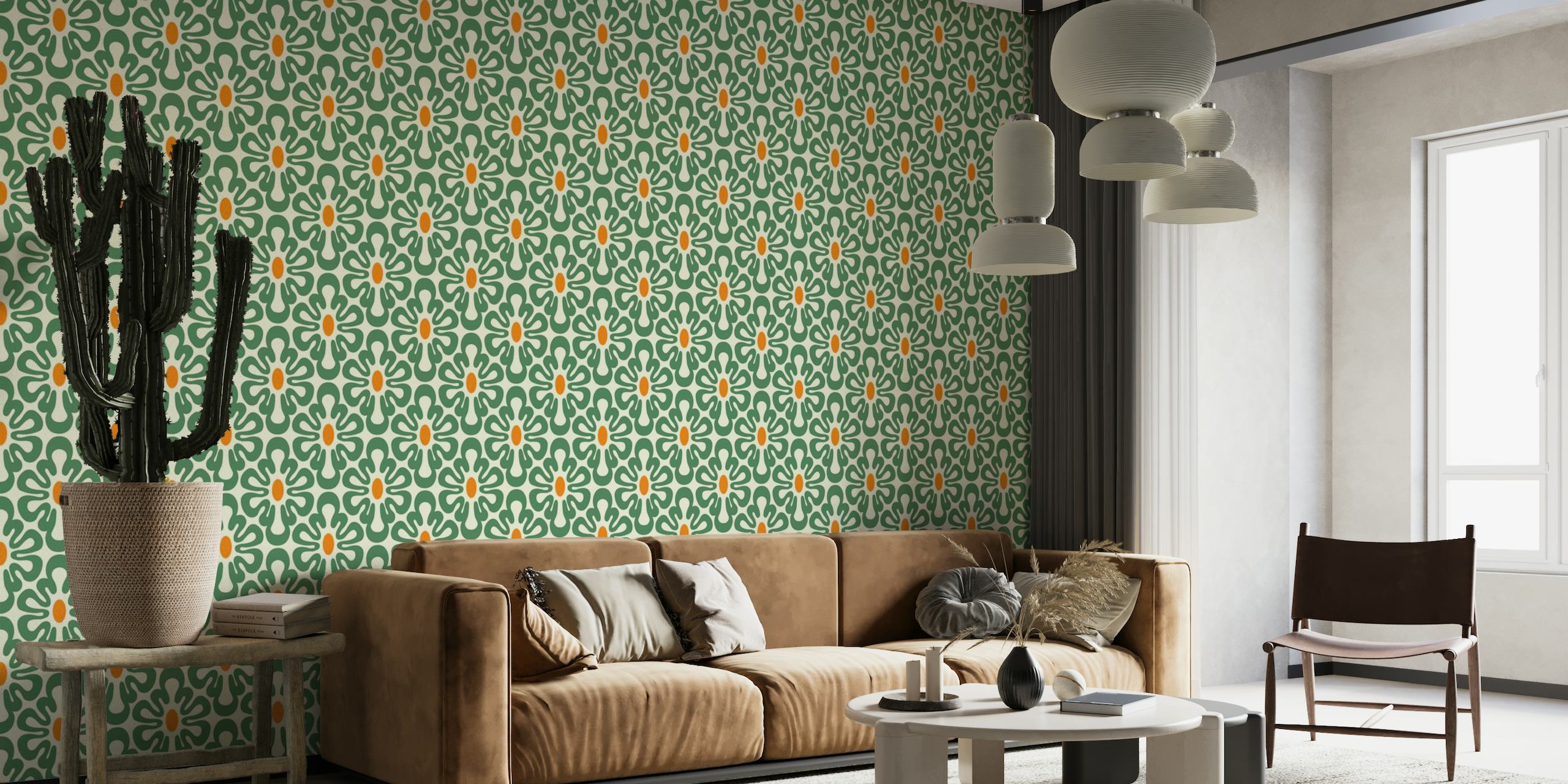 2625 G - abstract retro shapes pattern, green wallpaper