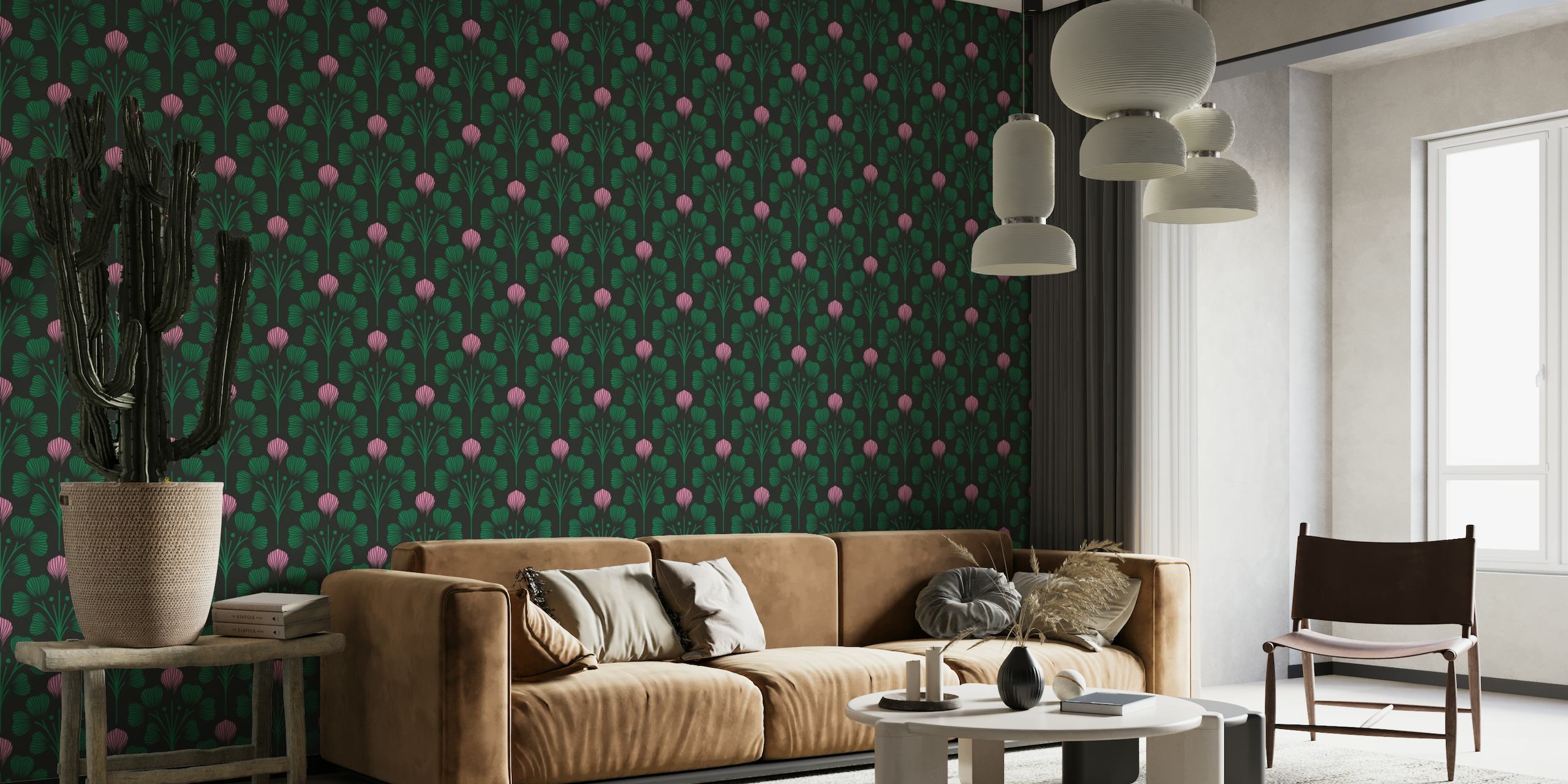 Floral pattern wall mural with black background, green leaves, and pink flowers