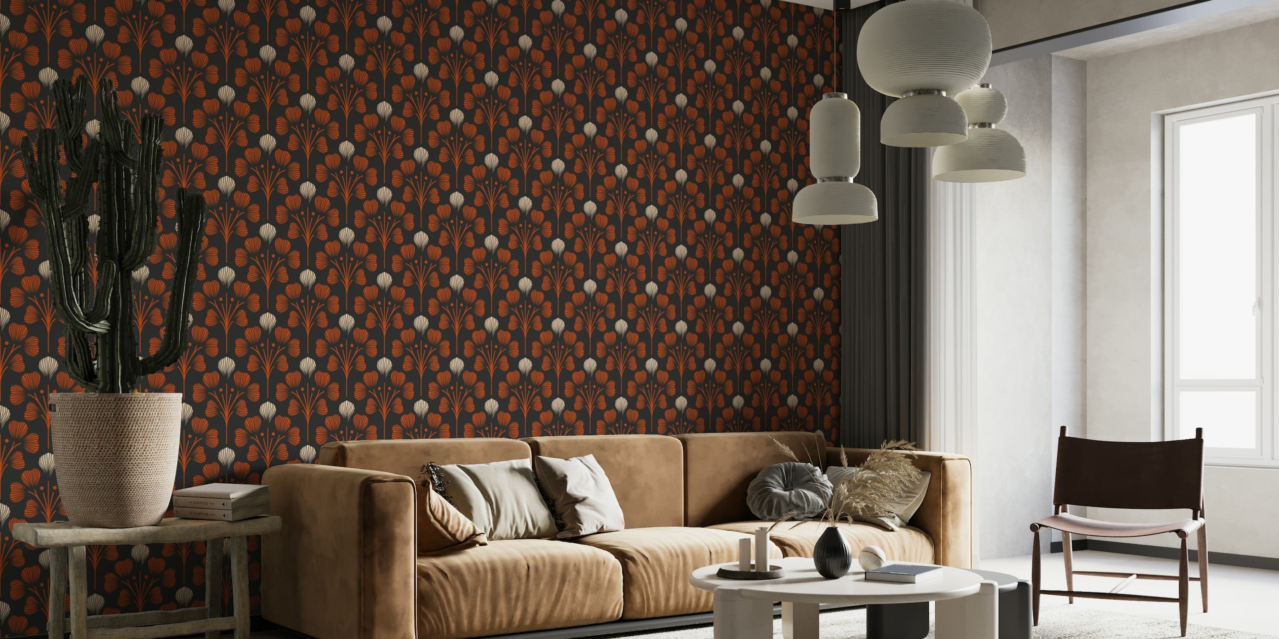 2674 F - floral pattern, black terracotta beige wallpaper