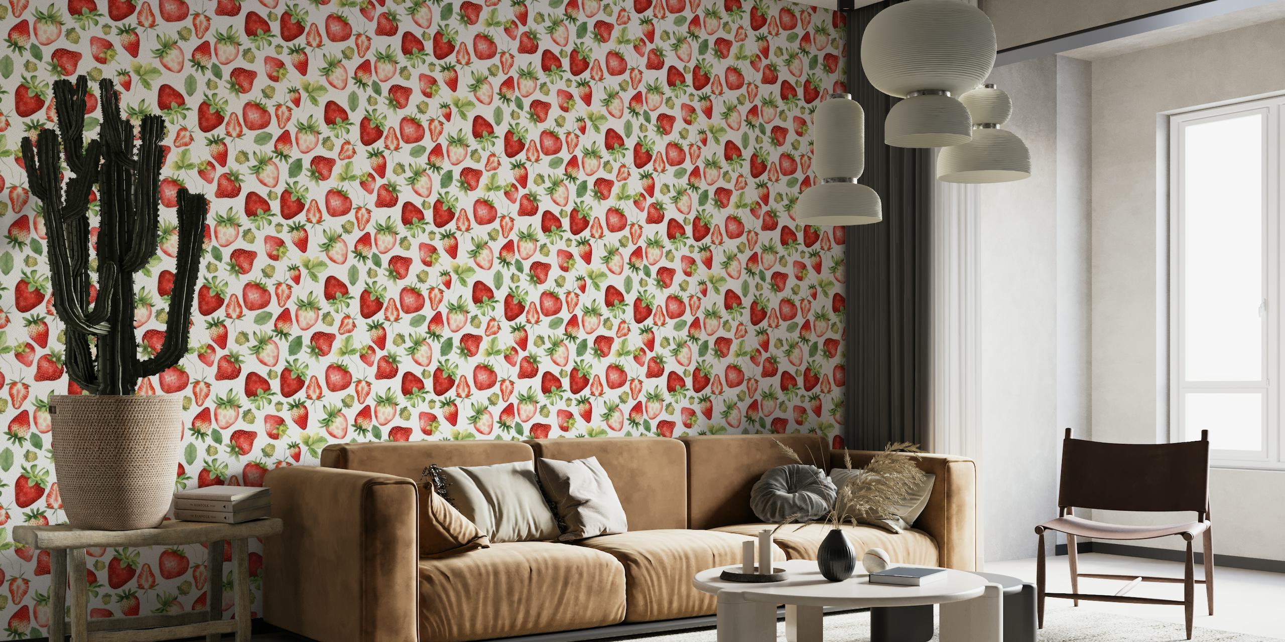 Whimsical watercolor strawberries pattern wall mural