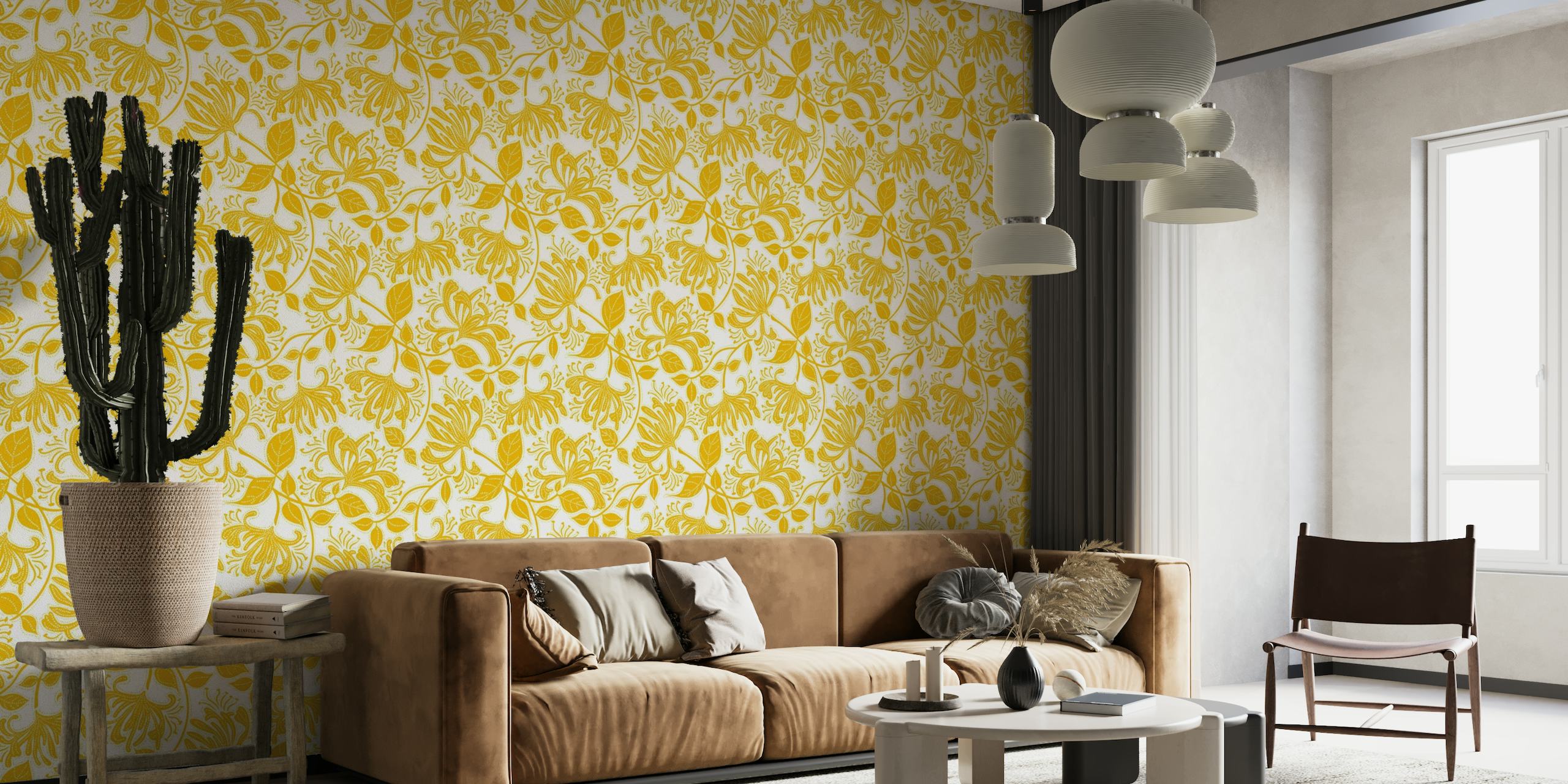 Honeysuckle stencil flowers wallpaper in bumblebee yellow tapety