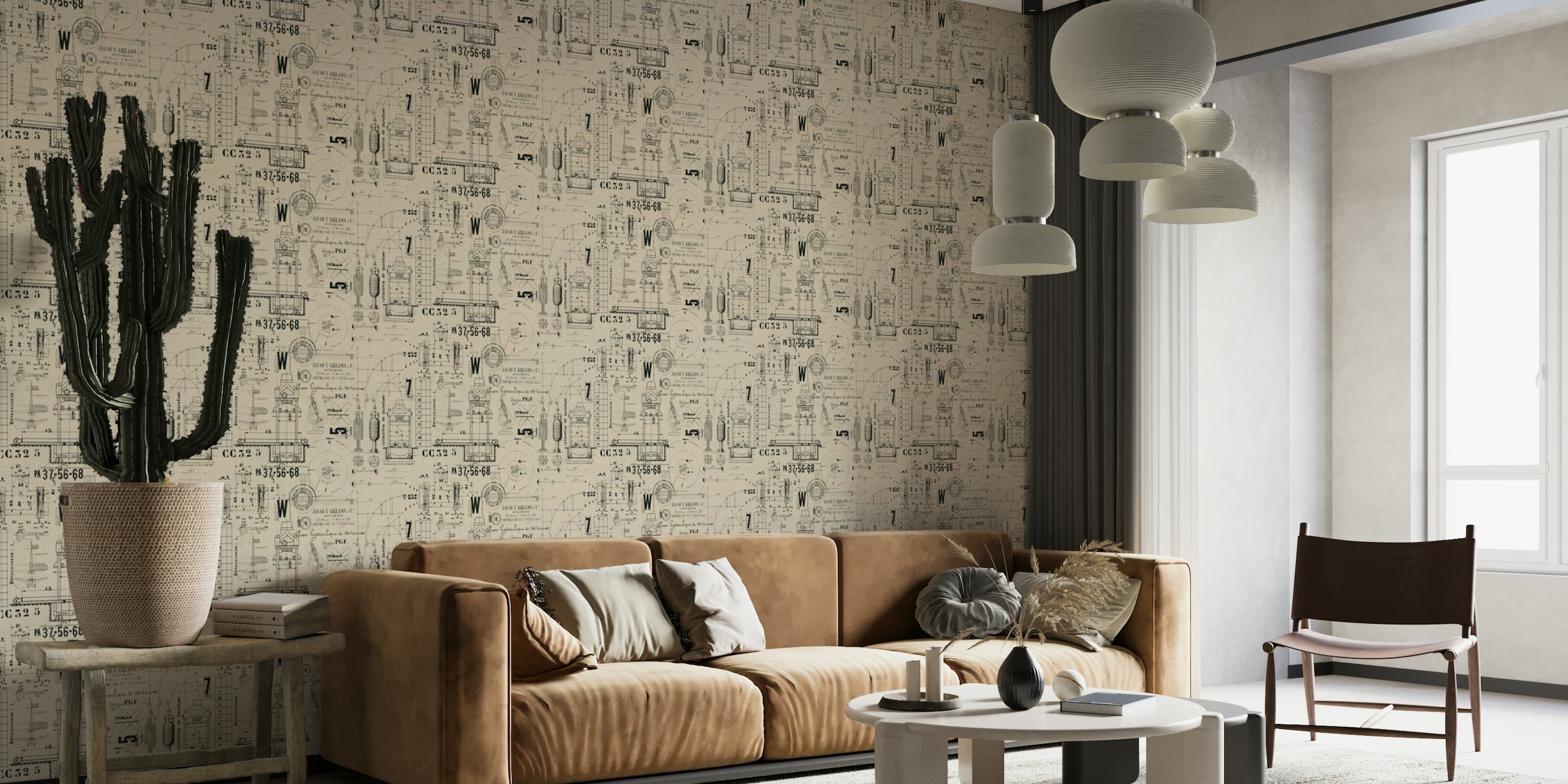 Vintage technical blueprint wall mural with beige background and black details