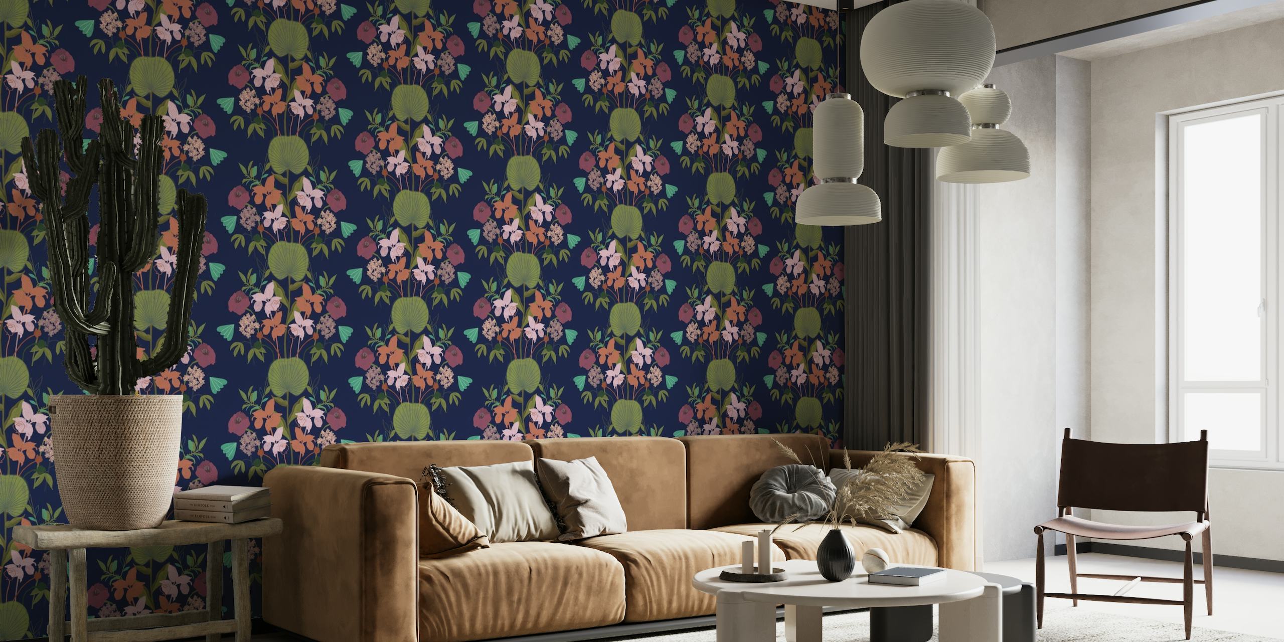 Lotus Leaf - Dark Blue wall mural featuring stylized botanical elements on a deep blue background
