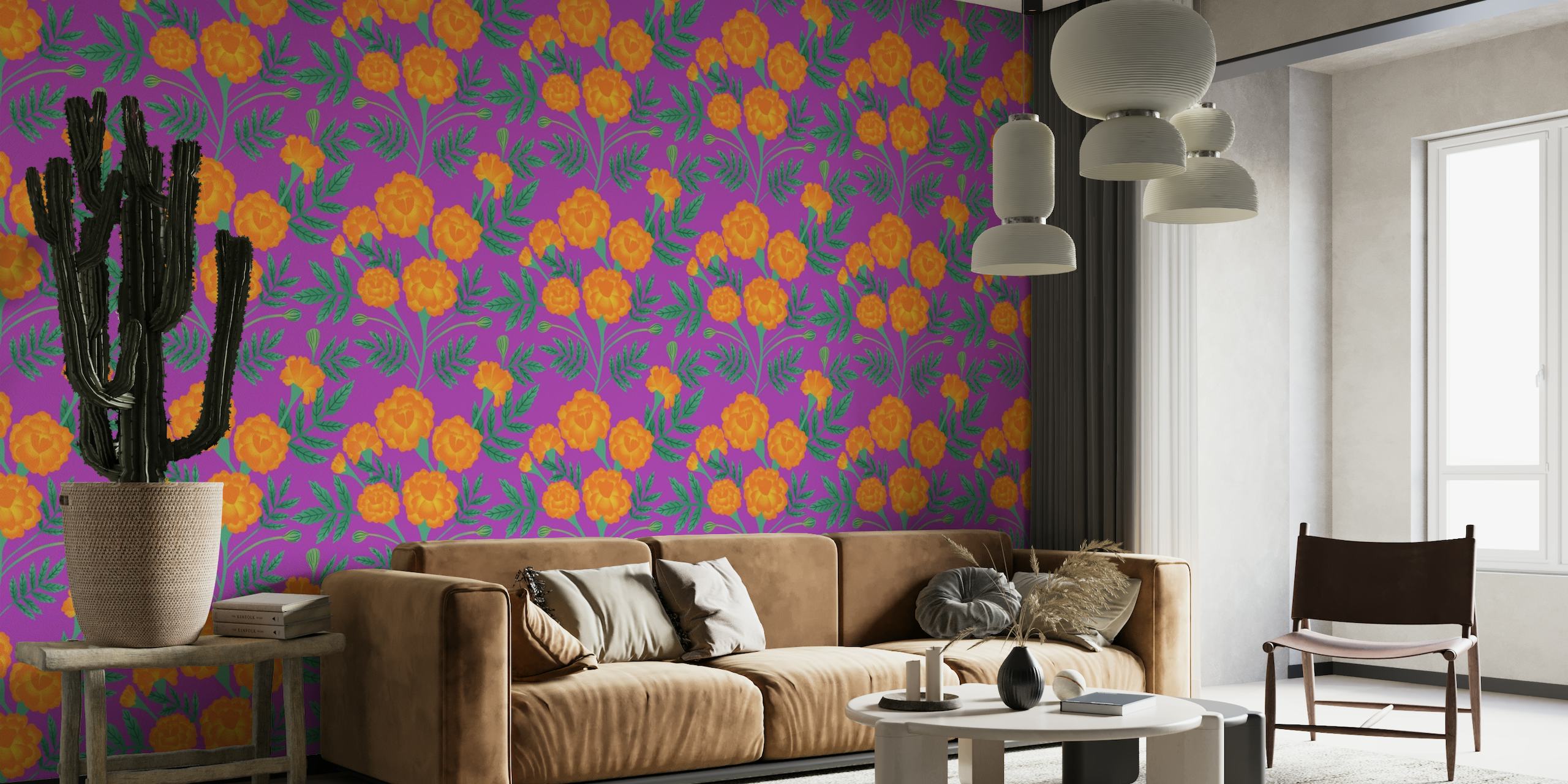 French Marigolds on Magenta wallpaper
