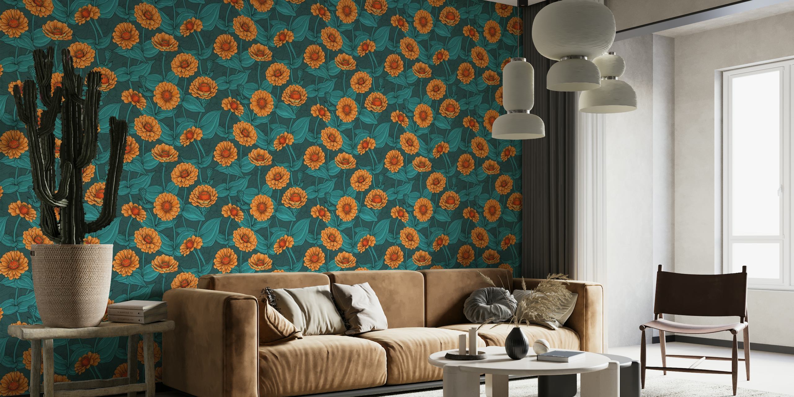 Orange zinnia flowers with blue leaves wall mural on a dark blue background