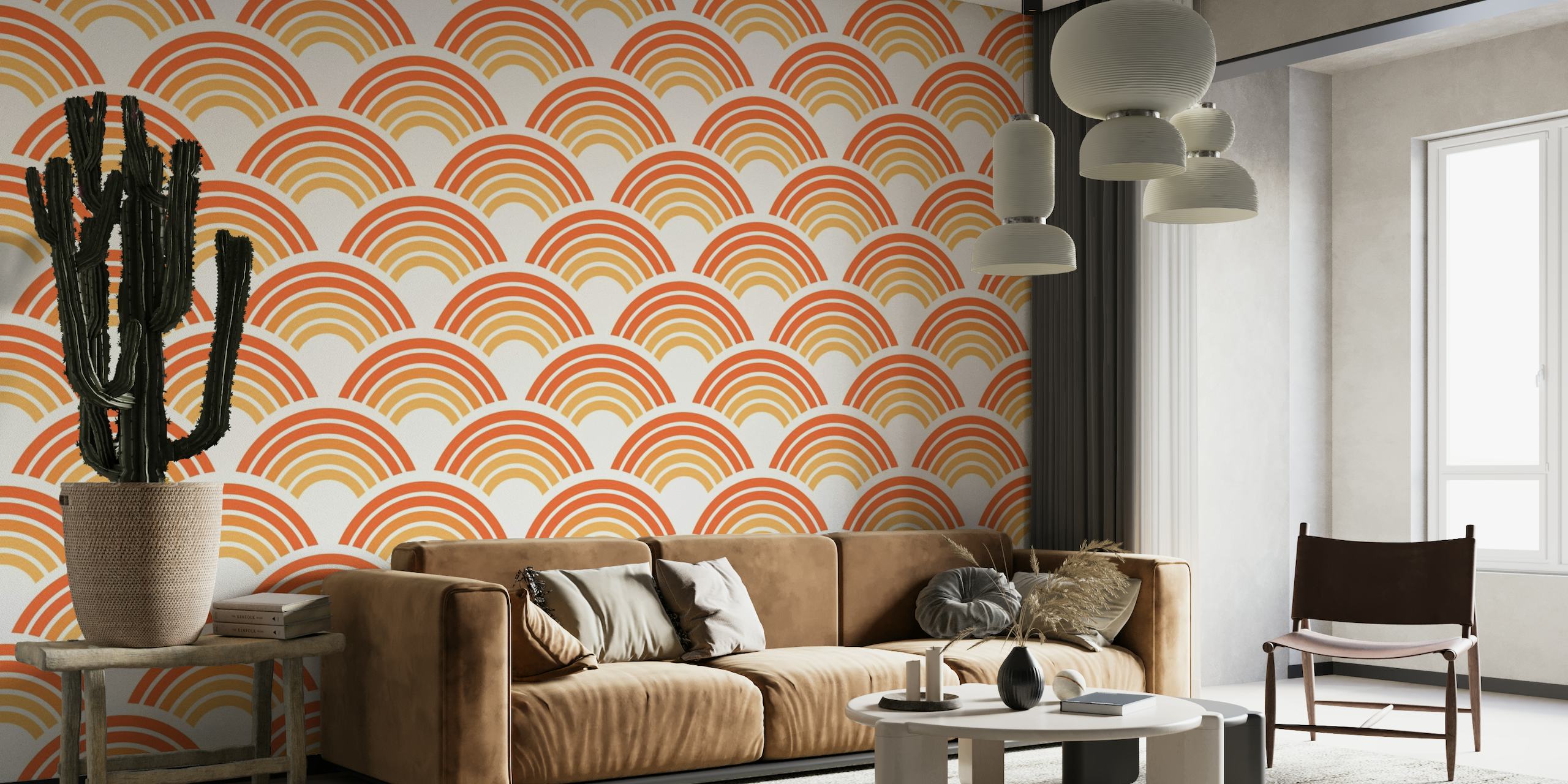 Wall mural with orange rainbow arcs pattern