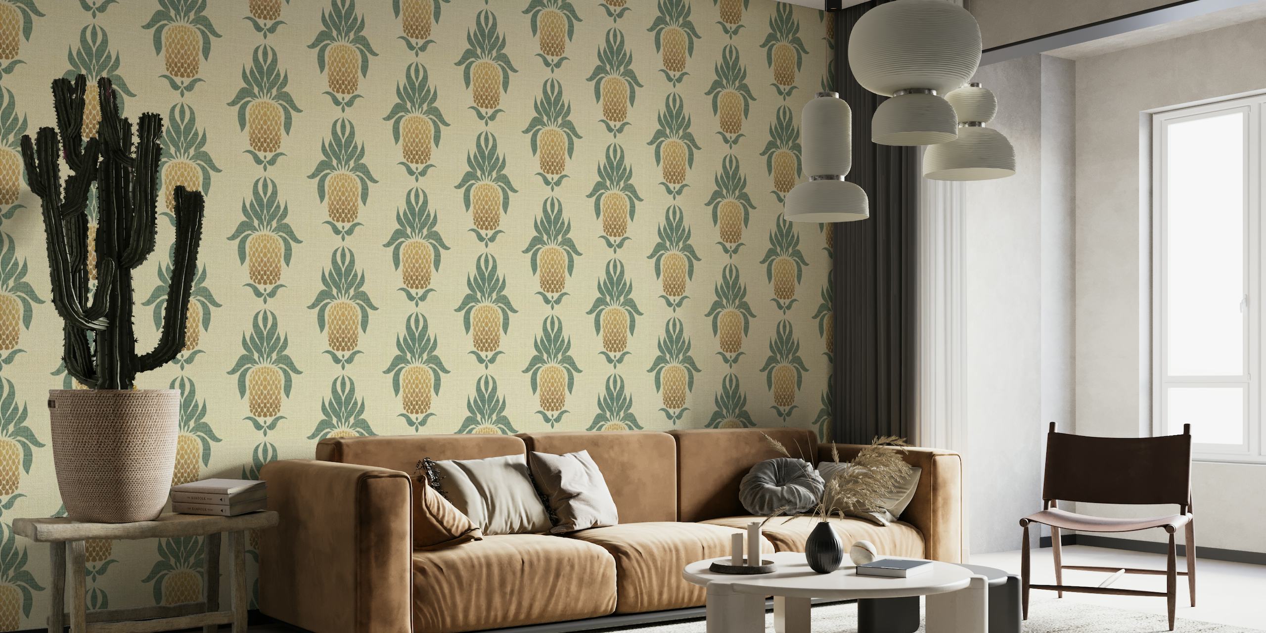 Trooppinen ombre-ananaskuvio luonnollisella taustalla seinämaalauksiin