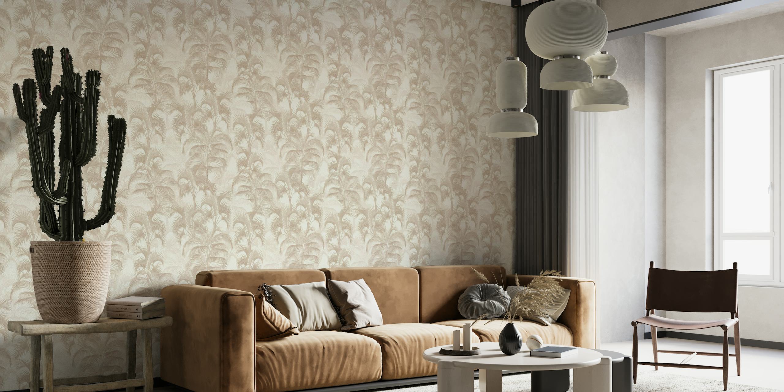 Tropical Palm leaves neutral beige wallpaper
