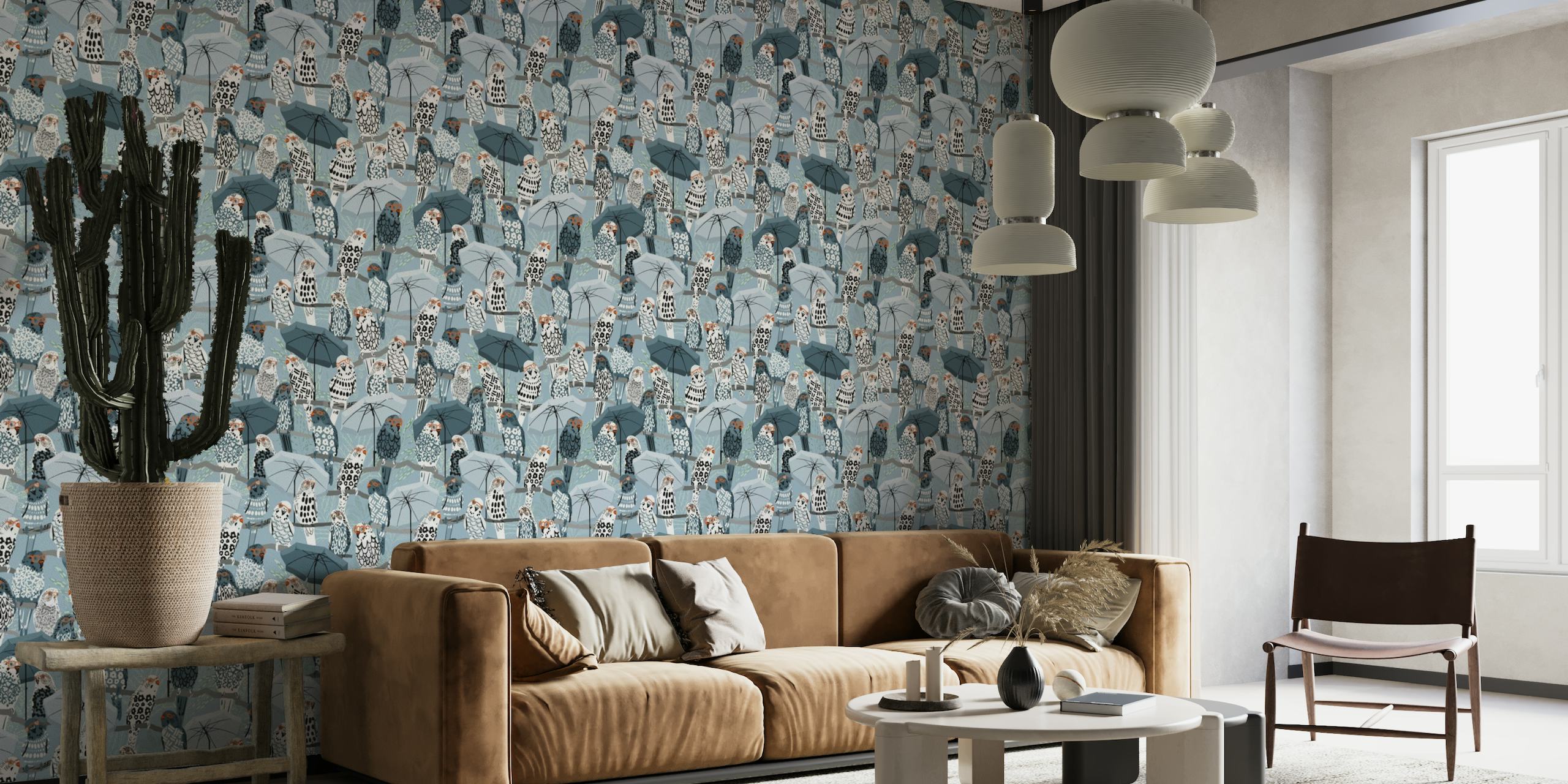 A wall mural of whimsical budgies in vacation attire with a blue background and tropical elements