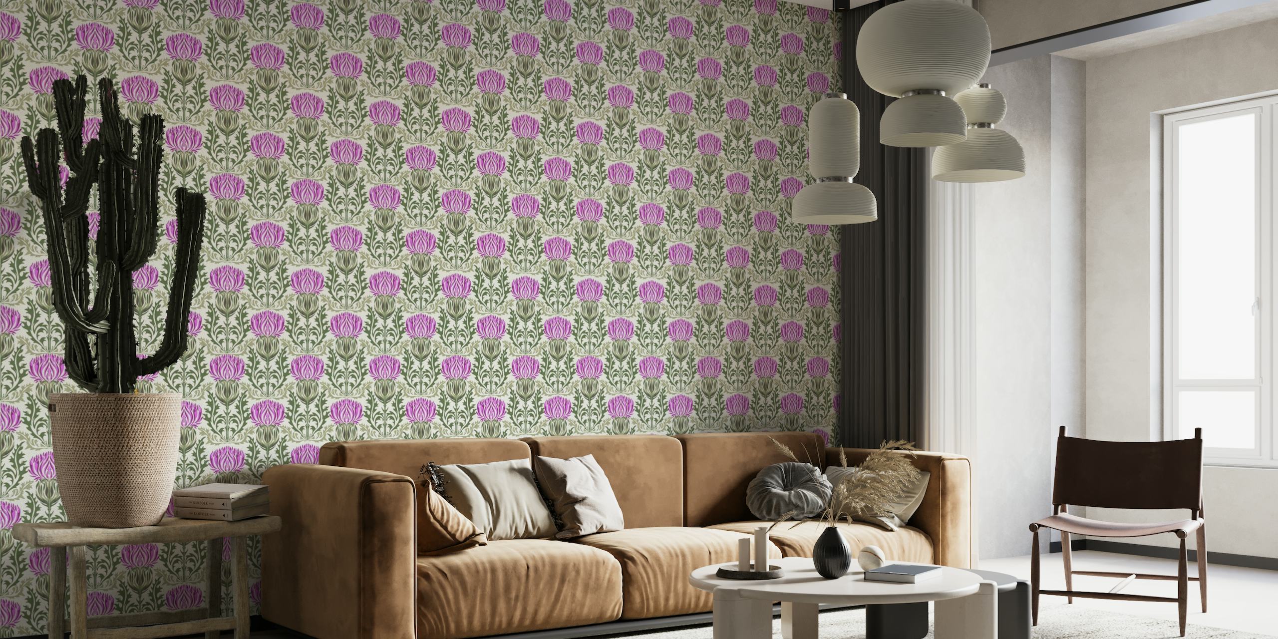 Tyylikäs ohdakekuvioinen tapetti, jossa on vihreitä lehtiä ja violetteja kukkia seinämaalauksiin.