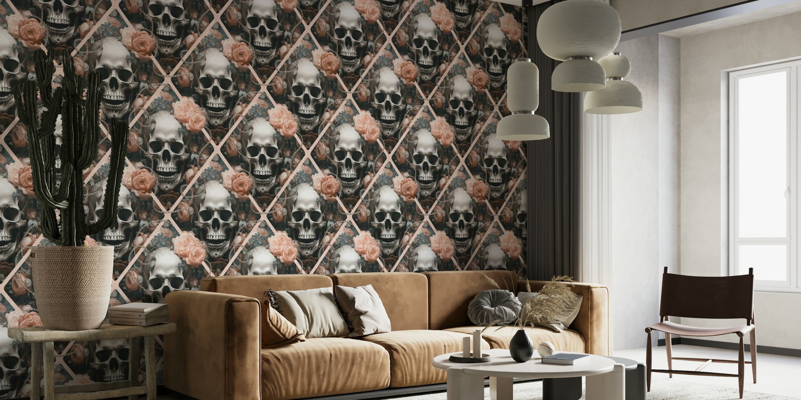 Gothic romance wall mural featuring a pattern of skulls and peach roses