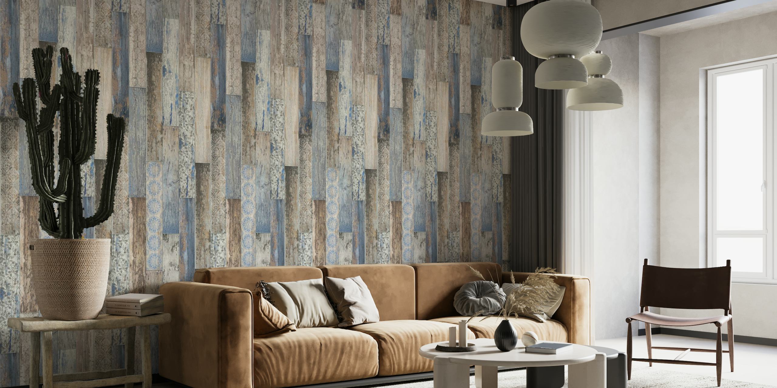 Vintage Wood Tiles Pattern Capri Blue wallpaper