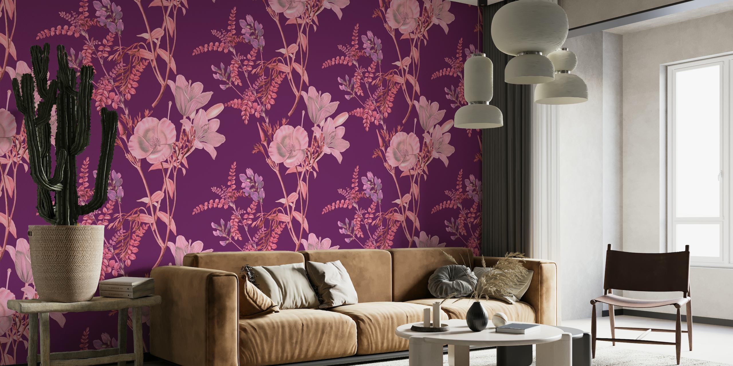 Magenta floral pattern wall mural with delicate pink and purple flowers on a rich magenta background.