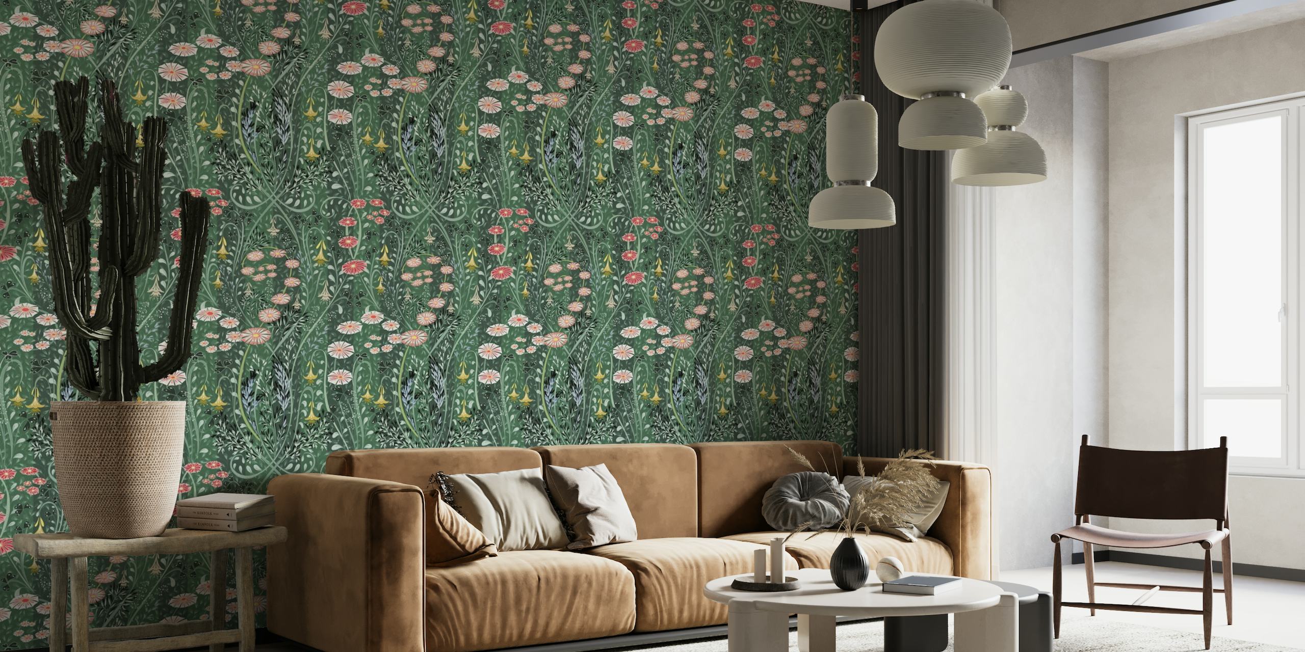 Muurschildering met bloemenmotief, een weelderige groene achtergrond en kleurrijke weidebloemen