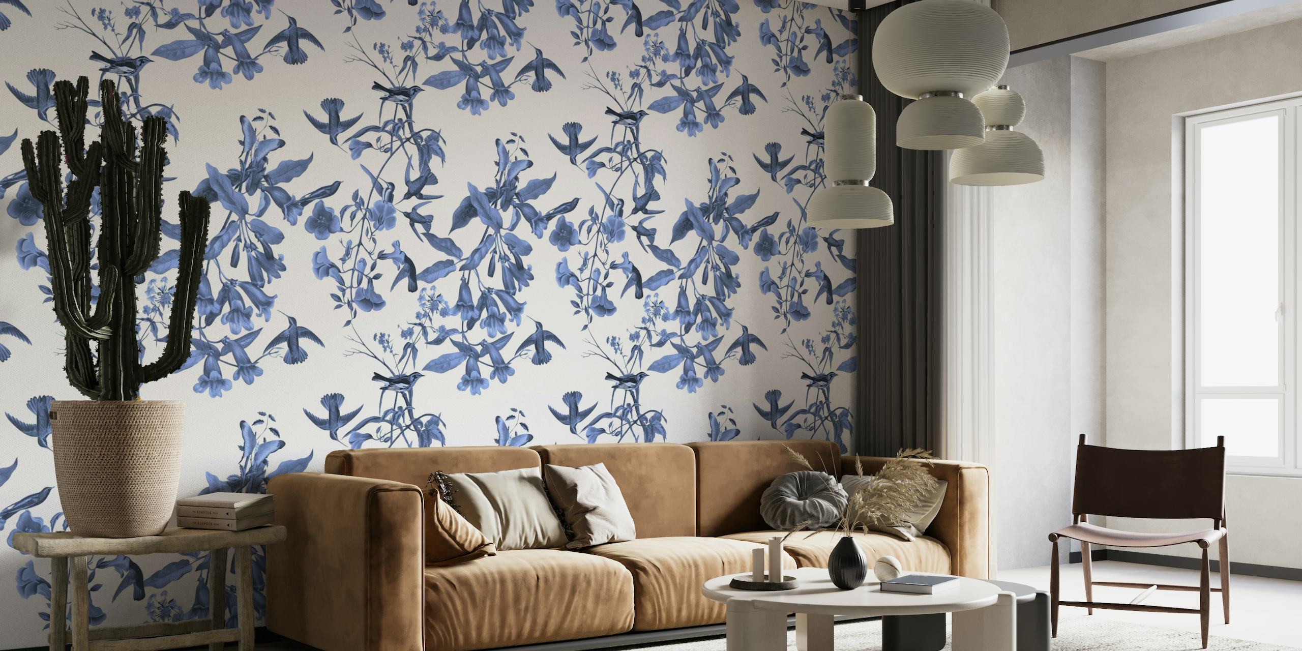 Blue Hummingbirds and Flowers wallpaper