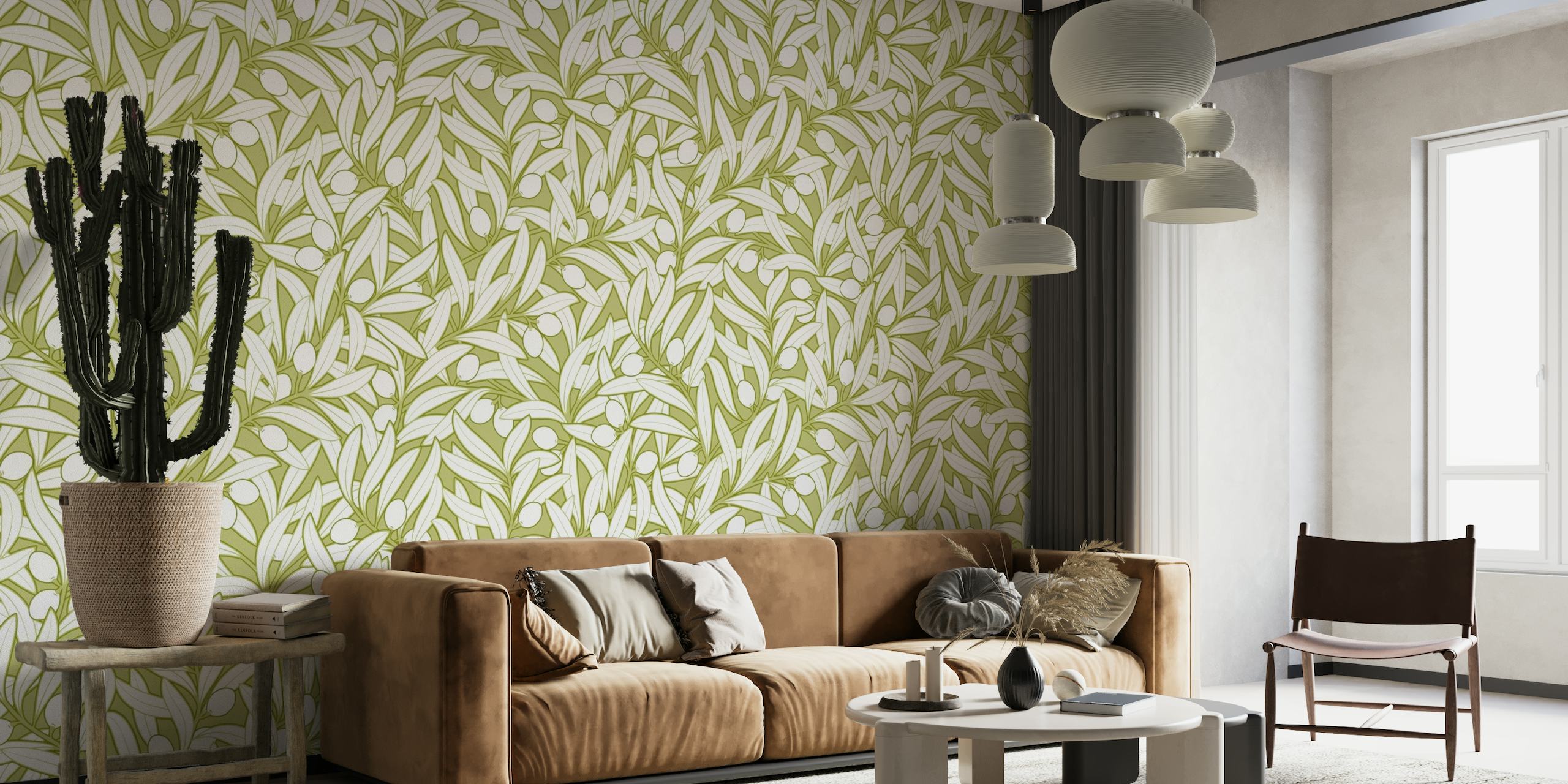 Neutral olivenfarvet vægmaleri med et mønster af olivengrene