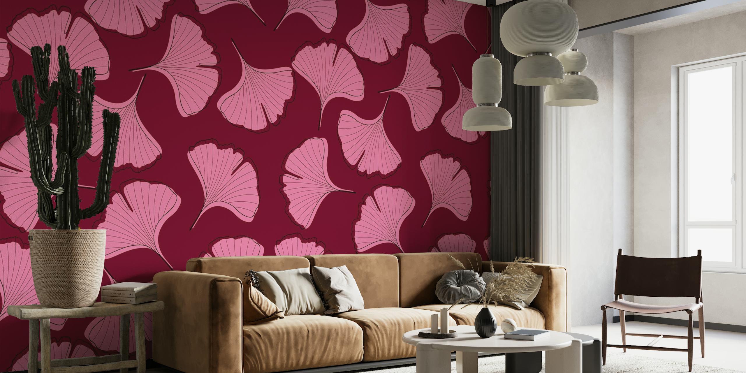 Ginkgo biloba bladpatroon muurschildering in roze en kastanjebruin