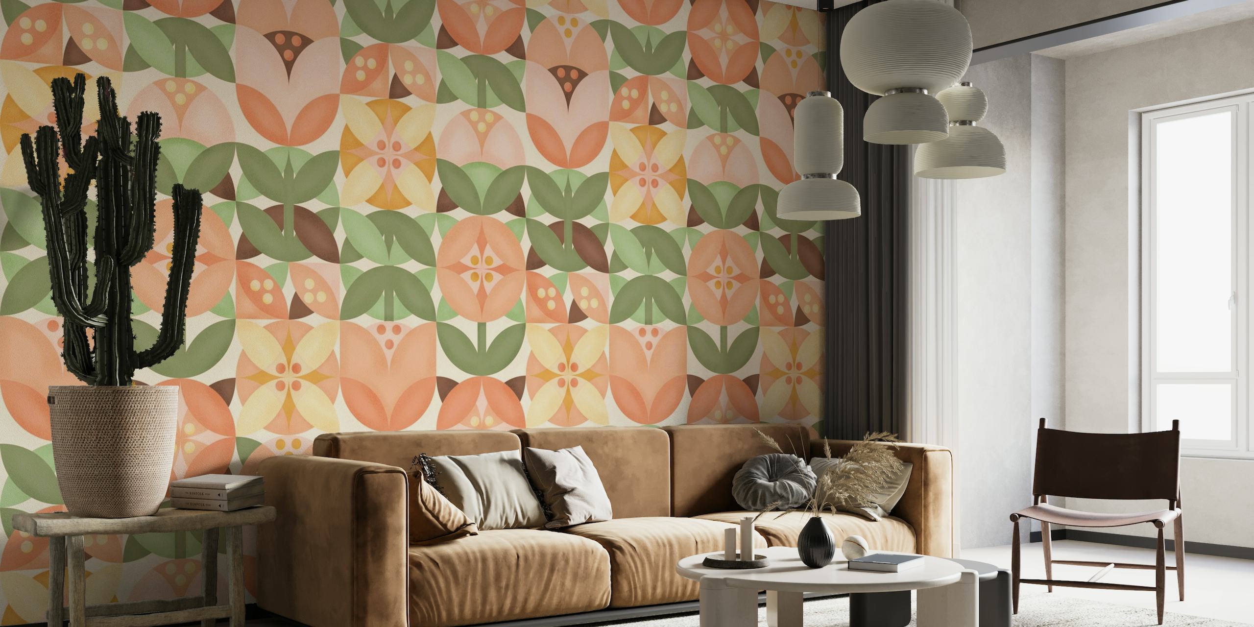 Mid-Century Modern Floral Wall Mural with Big Flowers in Earth Tones