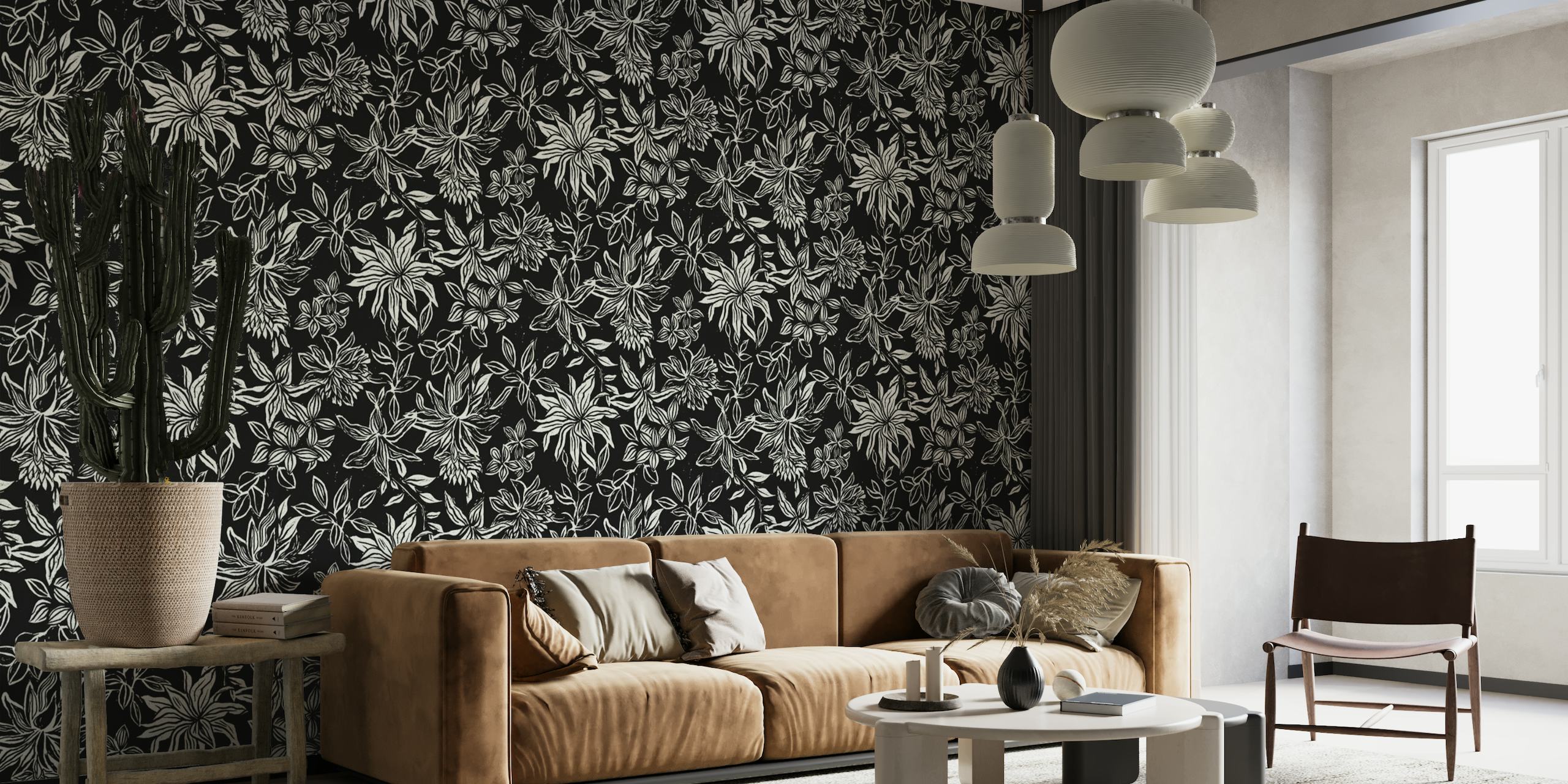 Linocut Flowers off-white on black wallpaper