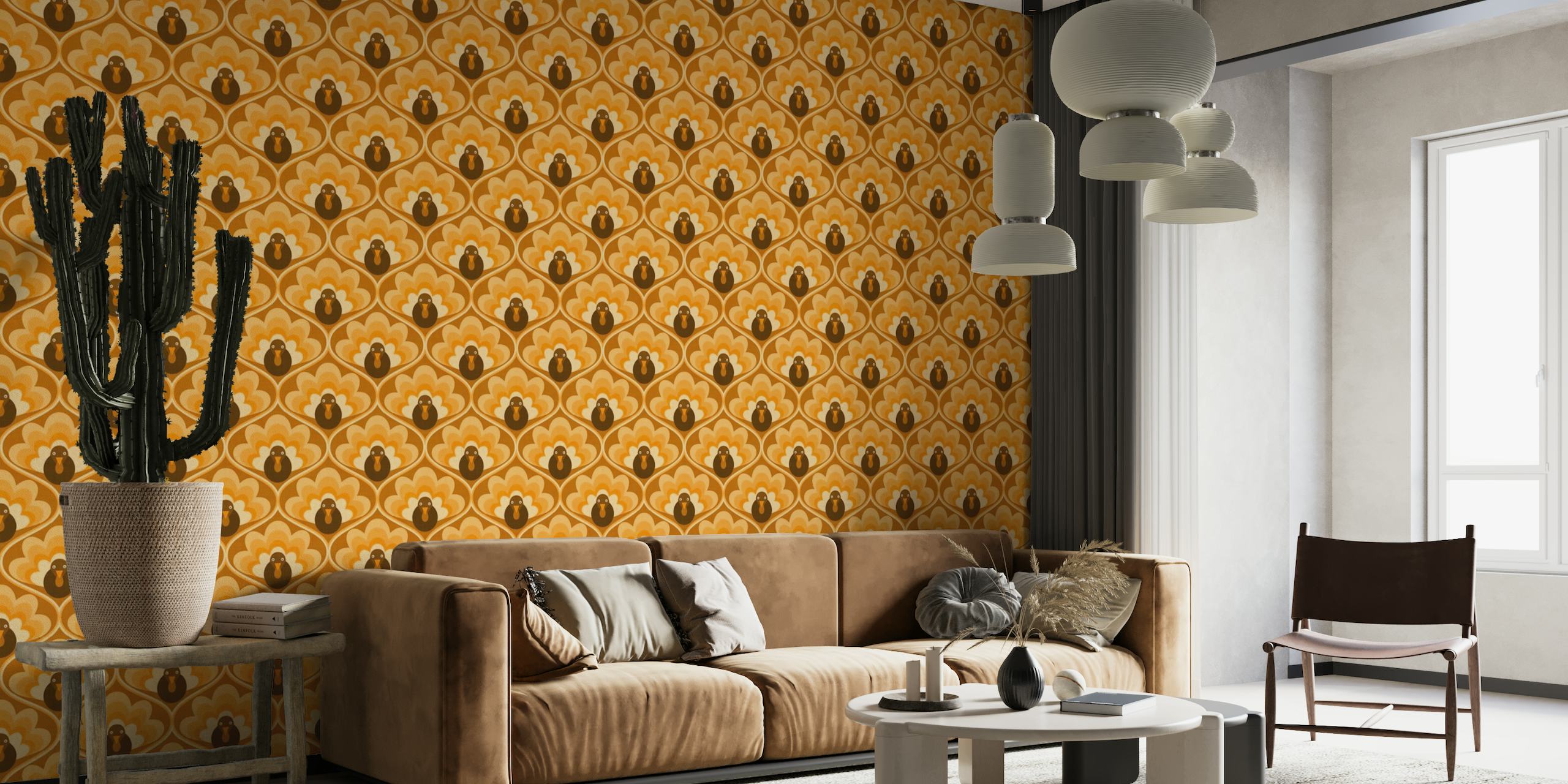 Retro-style wall mural with geometric shapes and stylized birds in brown, orange, and cream