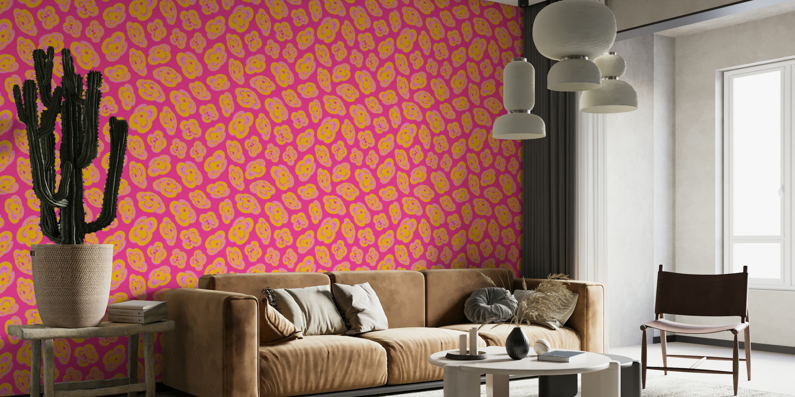 Abstract floating lily patterns in shades of yellow and pink on a fuchsia background wall mural