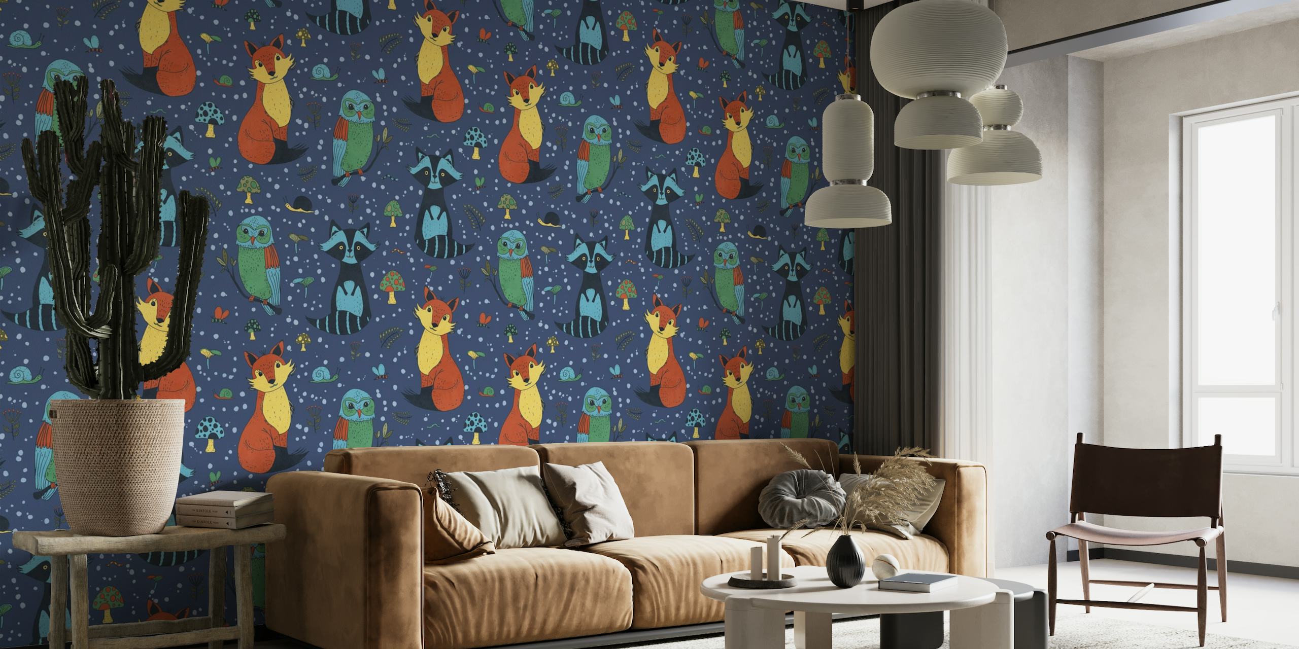 Forest Animals Pattern Spring Night wall mural with foxes, owls, and raccoons