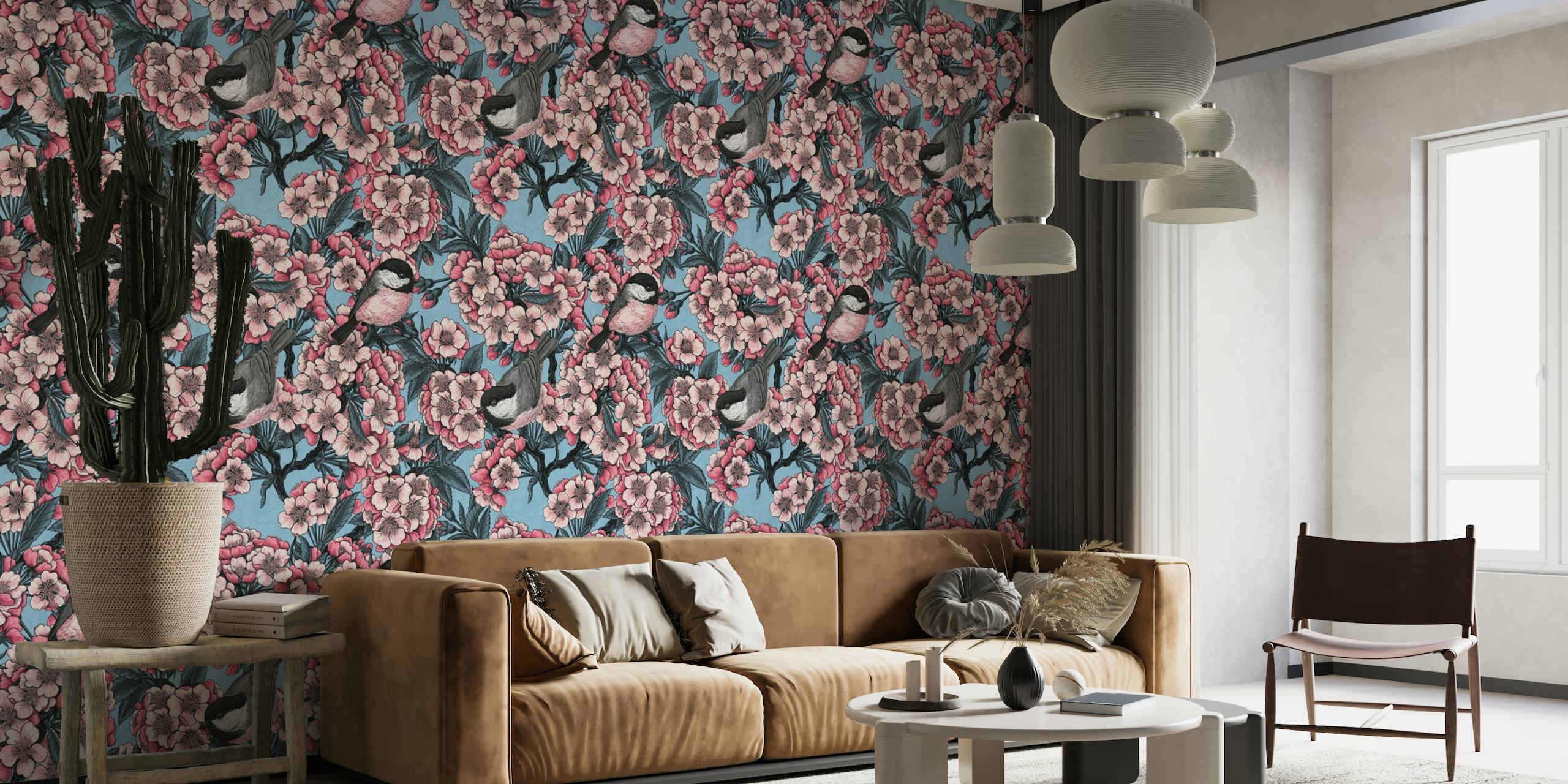 Cherry blossom and birds in pink and blue wallpaper