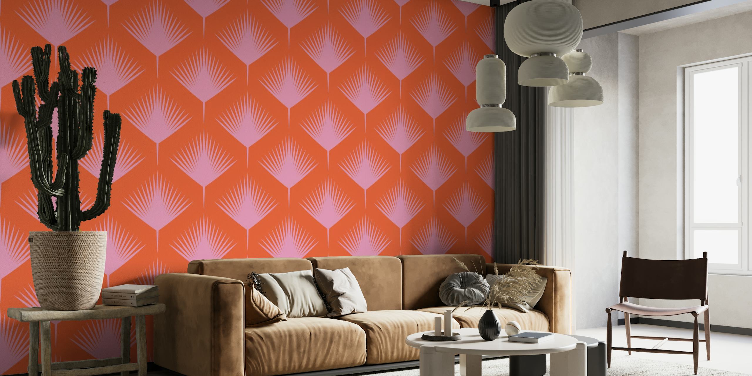 Abstract Modern Geo Palm Leaves Orange Pink papel pintado