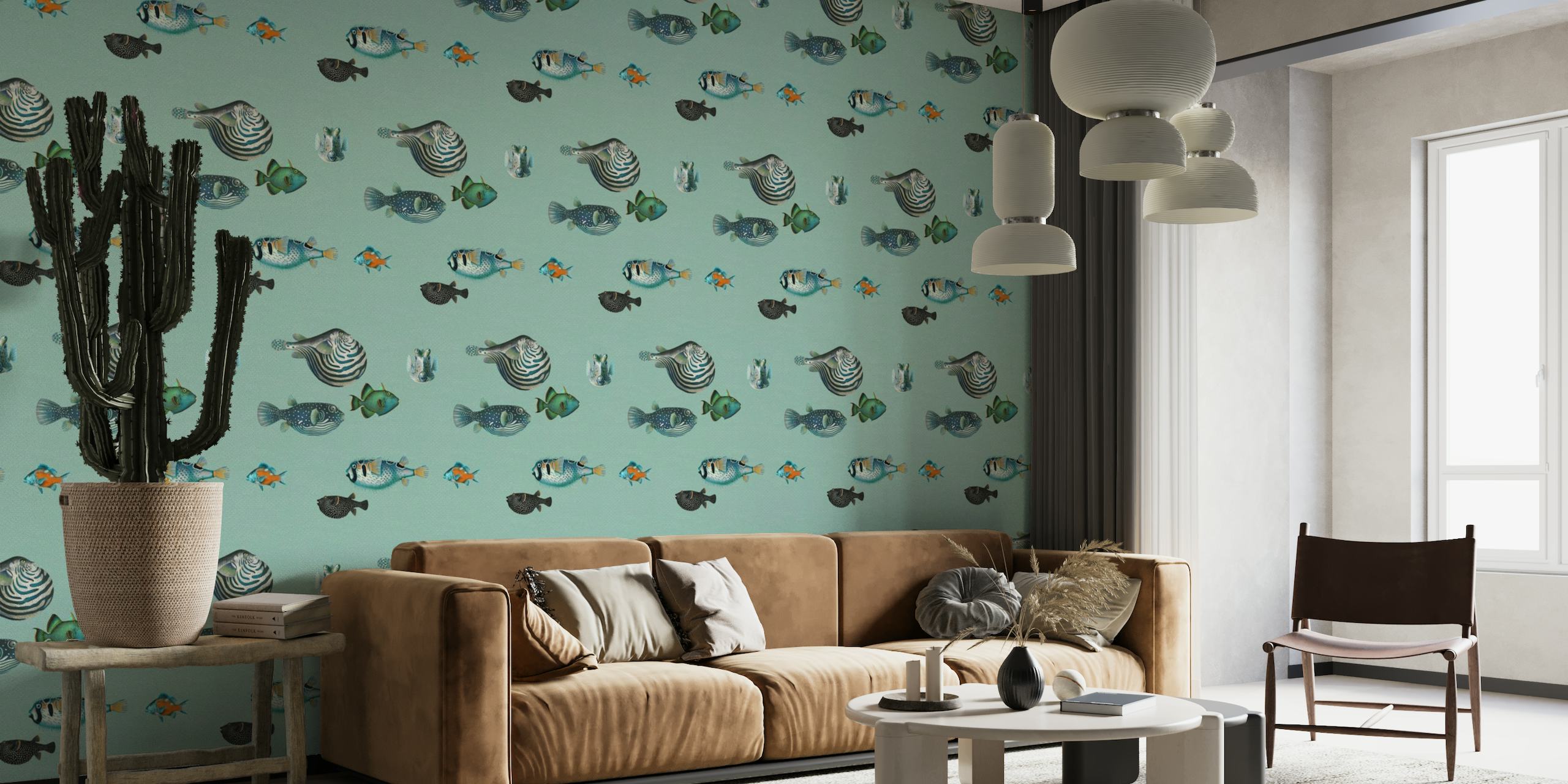 Acquario Fish Pattern wall mural with various fish illustrations on duck egg blue background