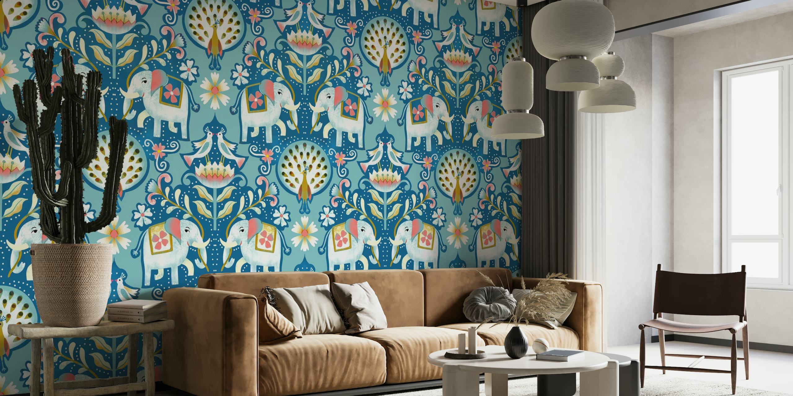 Elephant and peacock india blockprint wallpaper