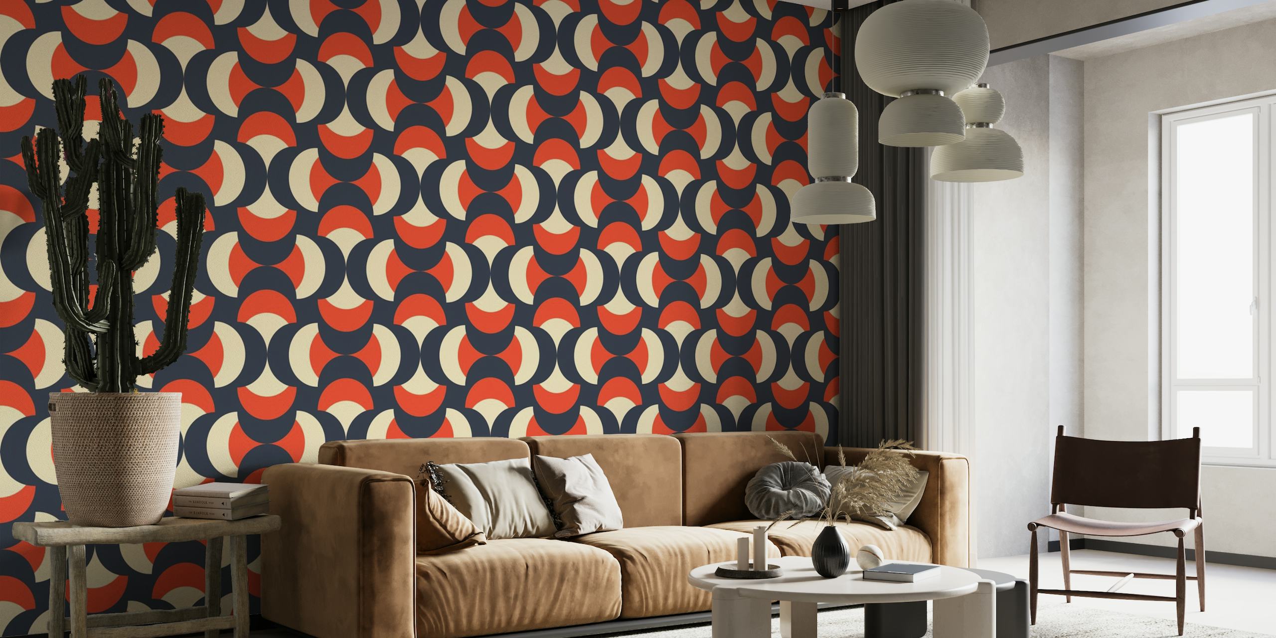 Marinblå och bränd orange abstrakt geometrisk väggmålning