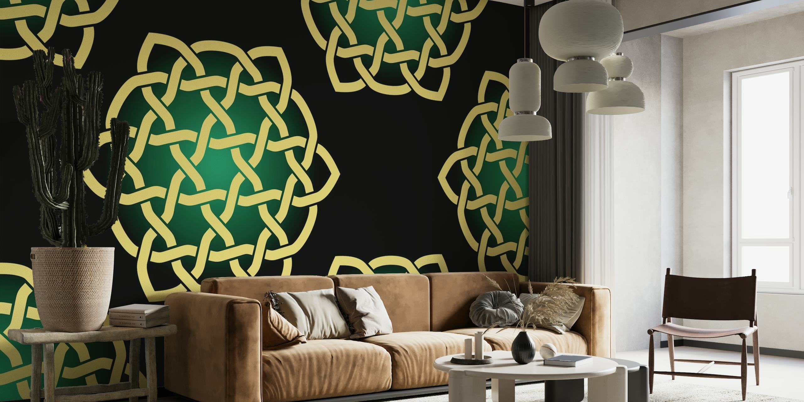 Gouden Keltisch knooppatroon op een donkergroene muurschildering als achtergrond