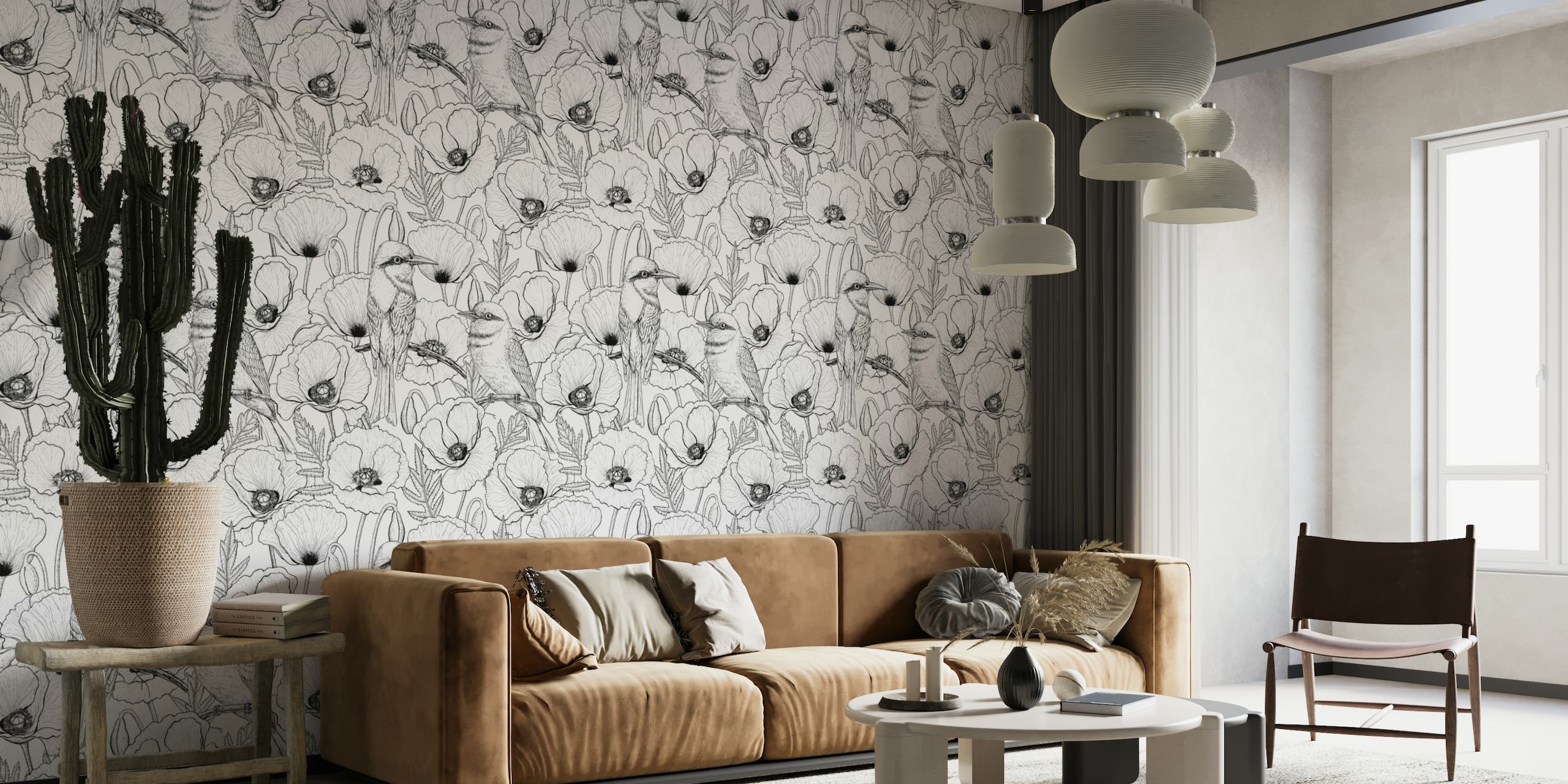 Bee eaters and poppies in black and white wallpaper