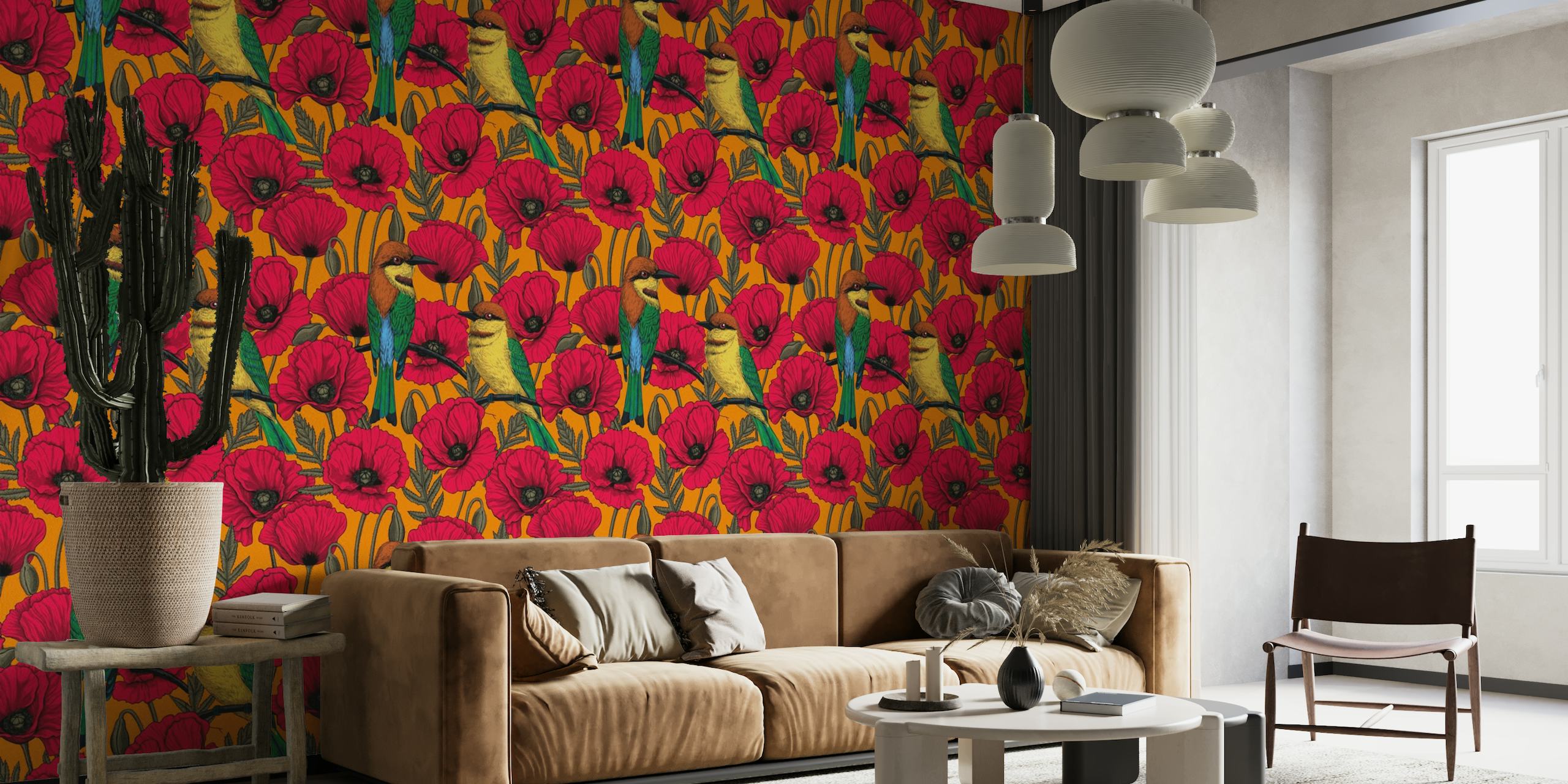 Bee eaters and poppies on orange wallpaper