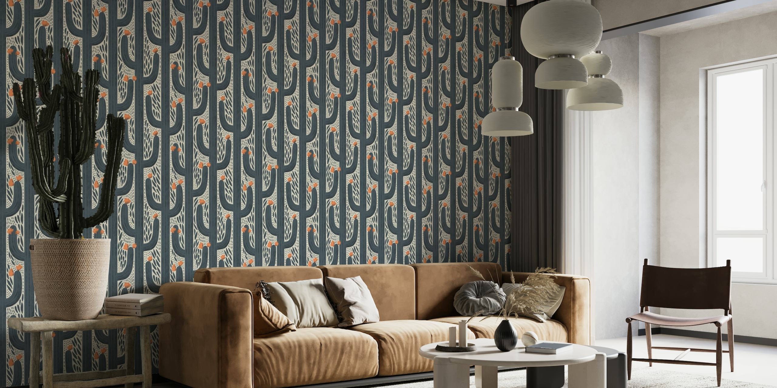 Wyatt navy wall mural with geometric patterns and coral accents