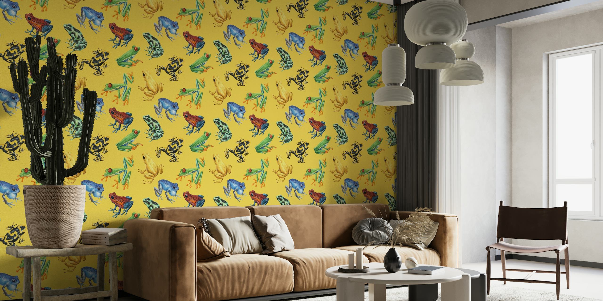 Kleurrijke kikkers geïllustreerd op een felgele muurschildering als achtergrond