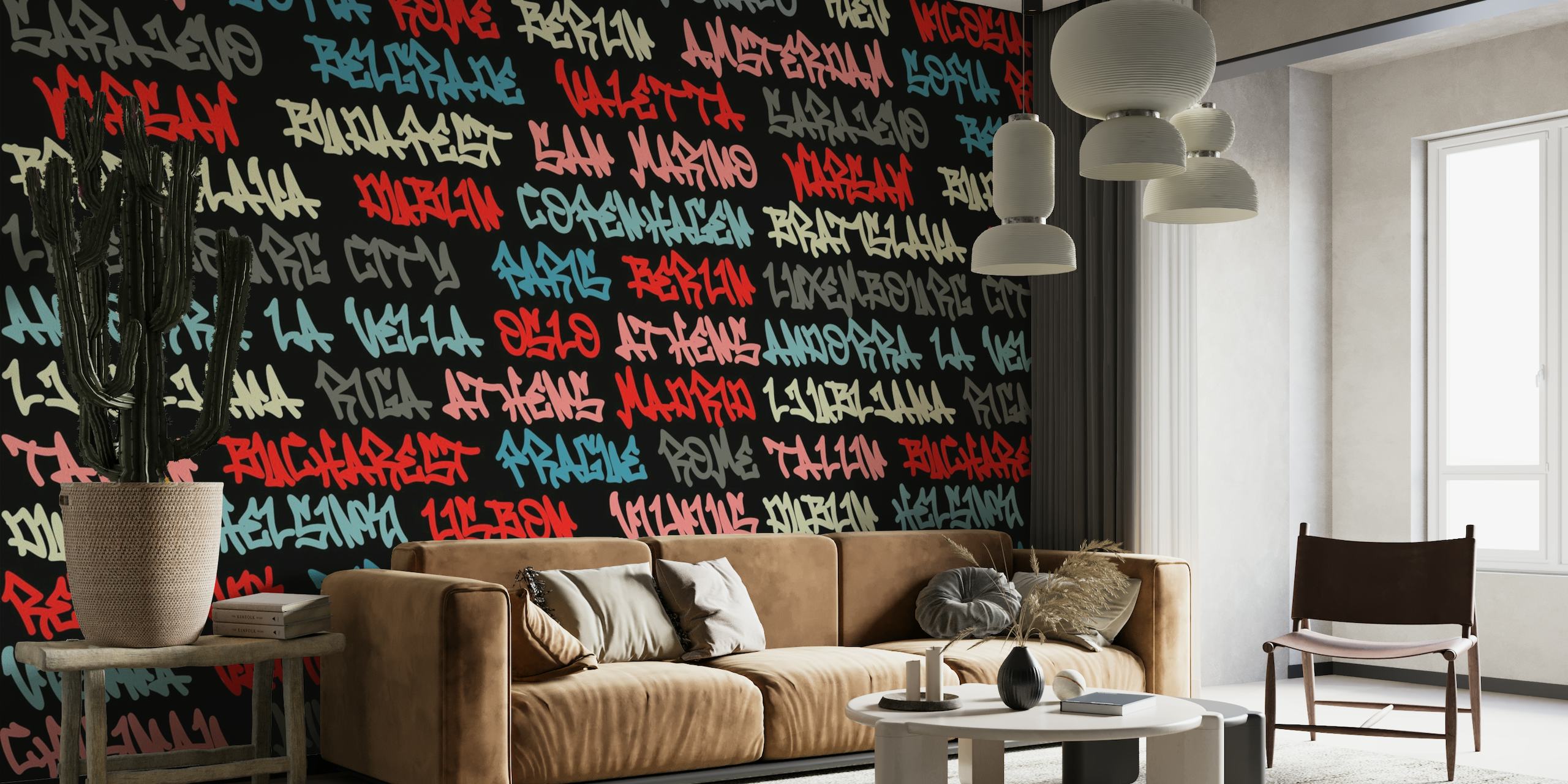 Colorful text-based wall mural with European capital city names