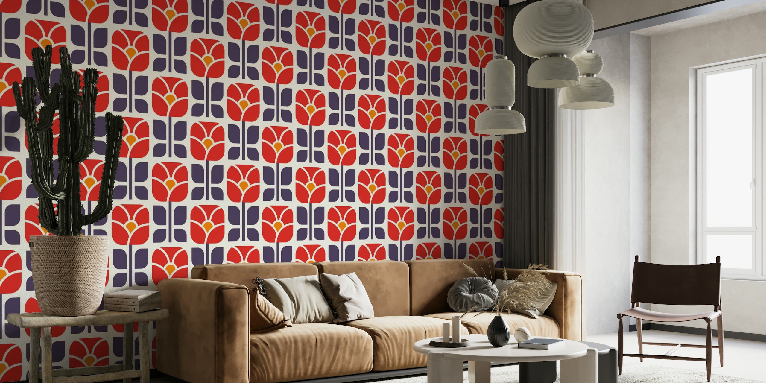 Midcentury flowers pattern, red / 3029 B wallpaper