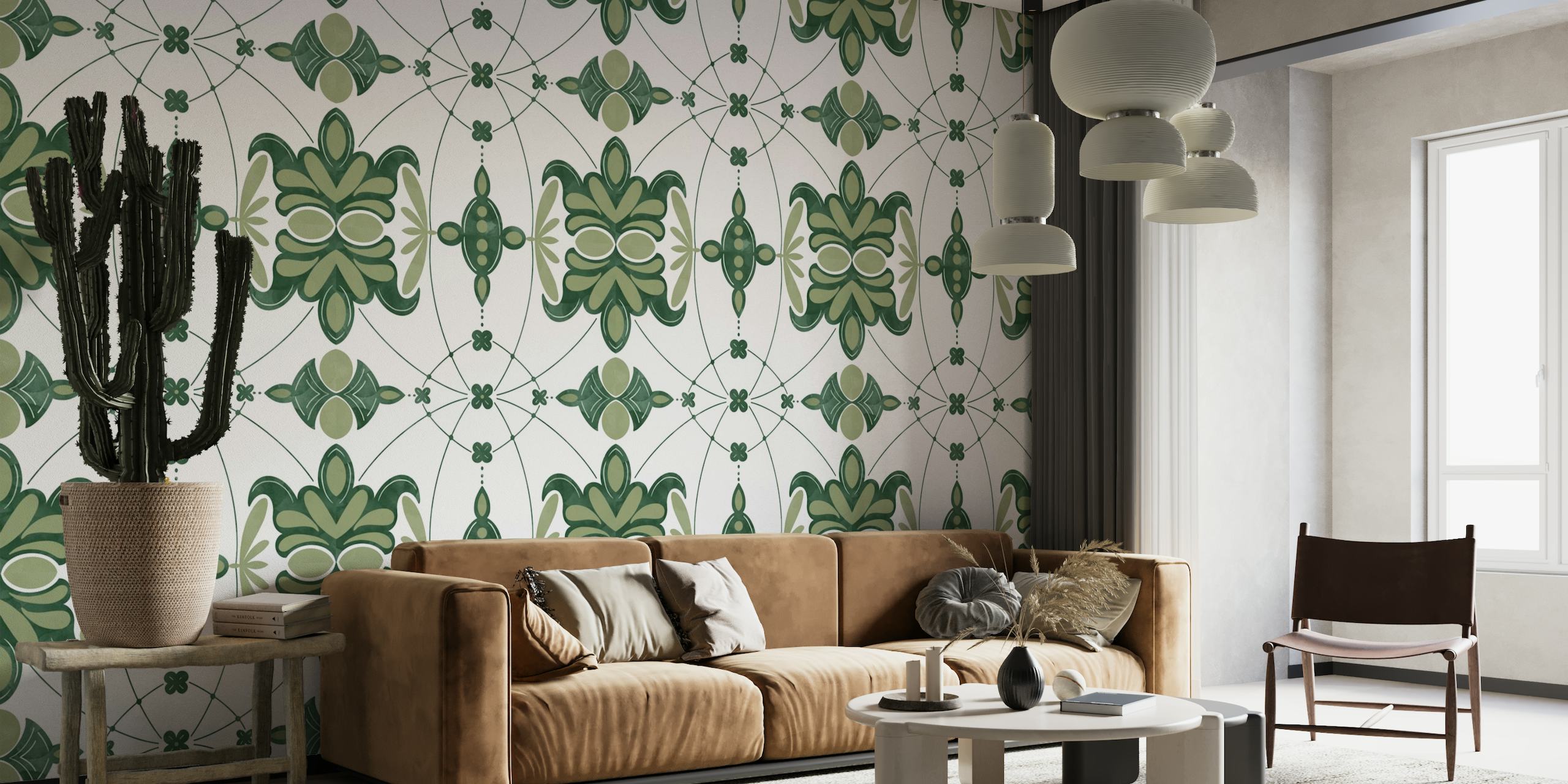 Fotomural vinílico de parede com padrão de azulejos naturais intrincados em estilo vintage com motivos verdes e esbranquiçados