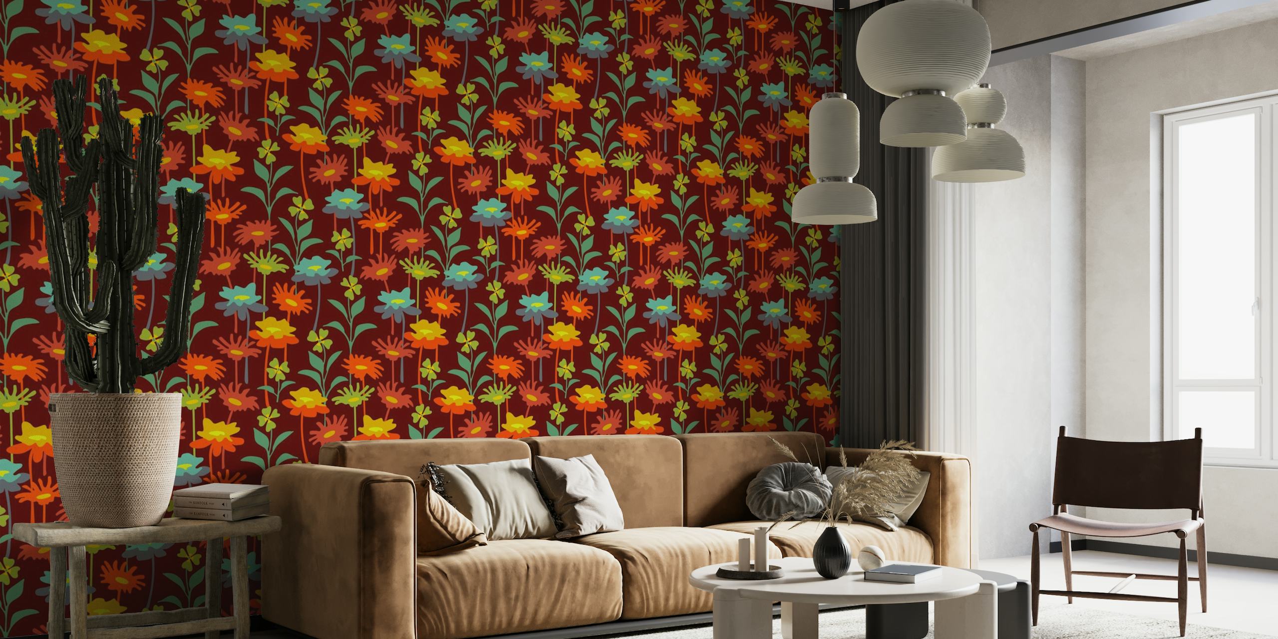 Mural floral de inspiración vintage con cálidos colores del atardecer sobre un fondo rojo intenso