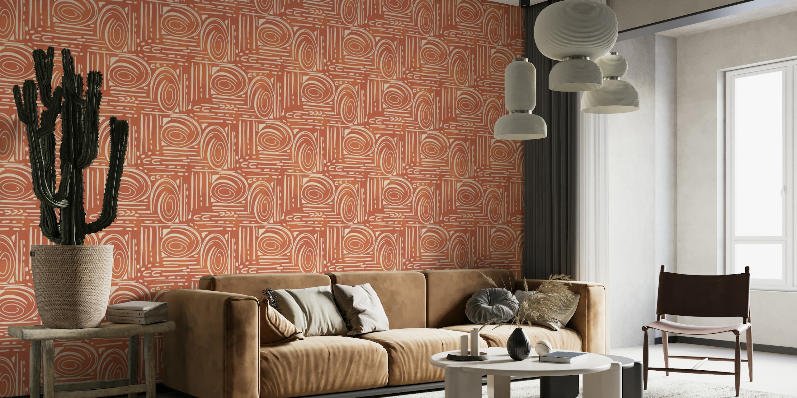 Abstract terracotta sand lines wall mural with swirls and linear patterns