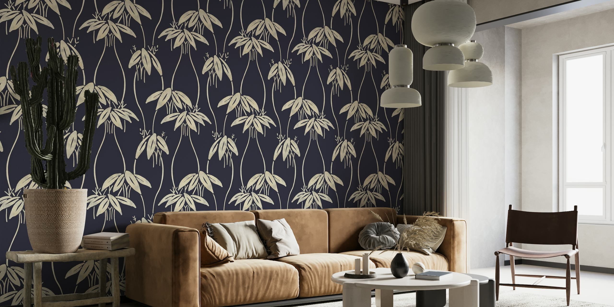 Elegant white bamboo pattern on a navy blue background wall mural