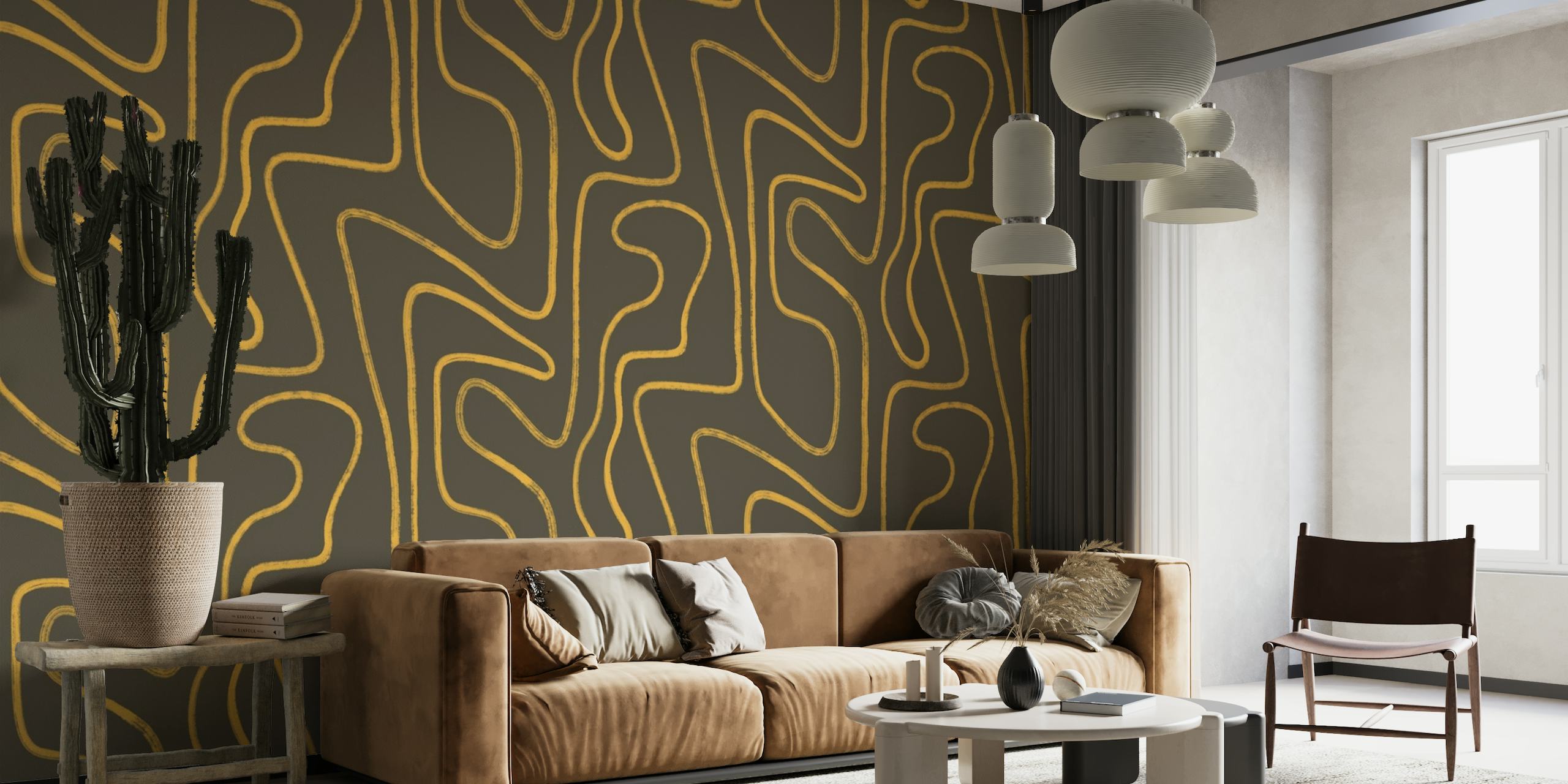 Abstract Modern Lines in Yellow and Brown Geo papel de parede